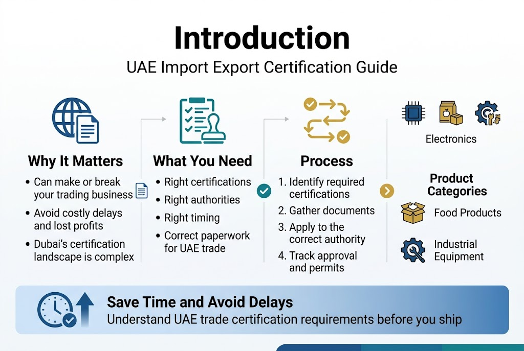 Create a clean, professional full-bleed infographic in 3:2 aspect ratio with a modern business style, white background, deep blue and teal accents, gold highlights, and crisp sans-serif typography.

Top center: large bold heading text: "Introduction"
Directly below the heading, smaller subtitle text: "UAE Import Export Certification Guide"

Use a wide horizontal layout with 4 main sections across the canvas, each in a neat block with a clear icon and short text.

Left section:
A blue globe-and-document icon.
Bold section title: "Why It Matters"
Bullet text:
"Can make or break your trading business"
"Avoid costly delays and lost profits"
"Dubai's certification landscape is complex"

Middle-left section:
A teal checklist and stamp icon.
Bold section title: "What You Need"
Bullet text:
"Right certifications"
"Right authorities"
"Right timing"
"Correct paperwork for UAE trade"

Middle-right section:
A gold step-by-step arrow path icon.
Bold section title: "Process"
Numbered points:
"1. Identify required certifications"
"2. Gather documents"
"3. Apply to the correct authority"
"4. Track approval and permits"

Right section:
A set of three small product icons with labels: electronics chip, food box, industrial gear.
Bold section title: "Product Categories"
Label text under each icon:
"Electronics"
"Food Products"
"Industrial Equipment"

Bottom wide banner across the full width with a subtle blue gradient and a clock icon plus upward arrow:
Bold text: "Save Time and Avoid Delays"
Smaller text: "Understand UAE trade certification requirements before you ship"

Include small visual symbols of documents, stamps, checkmarks, and route arrows connecting sections. Keep the layout spacious, balanced, and easy to scan, with clear hierarchy and strong contrast.