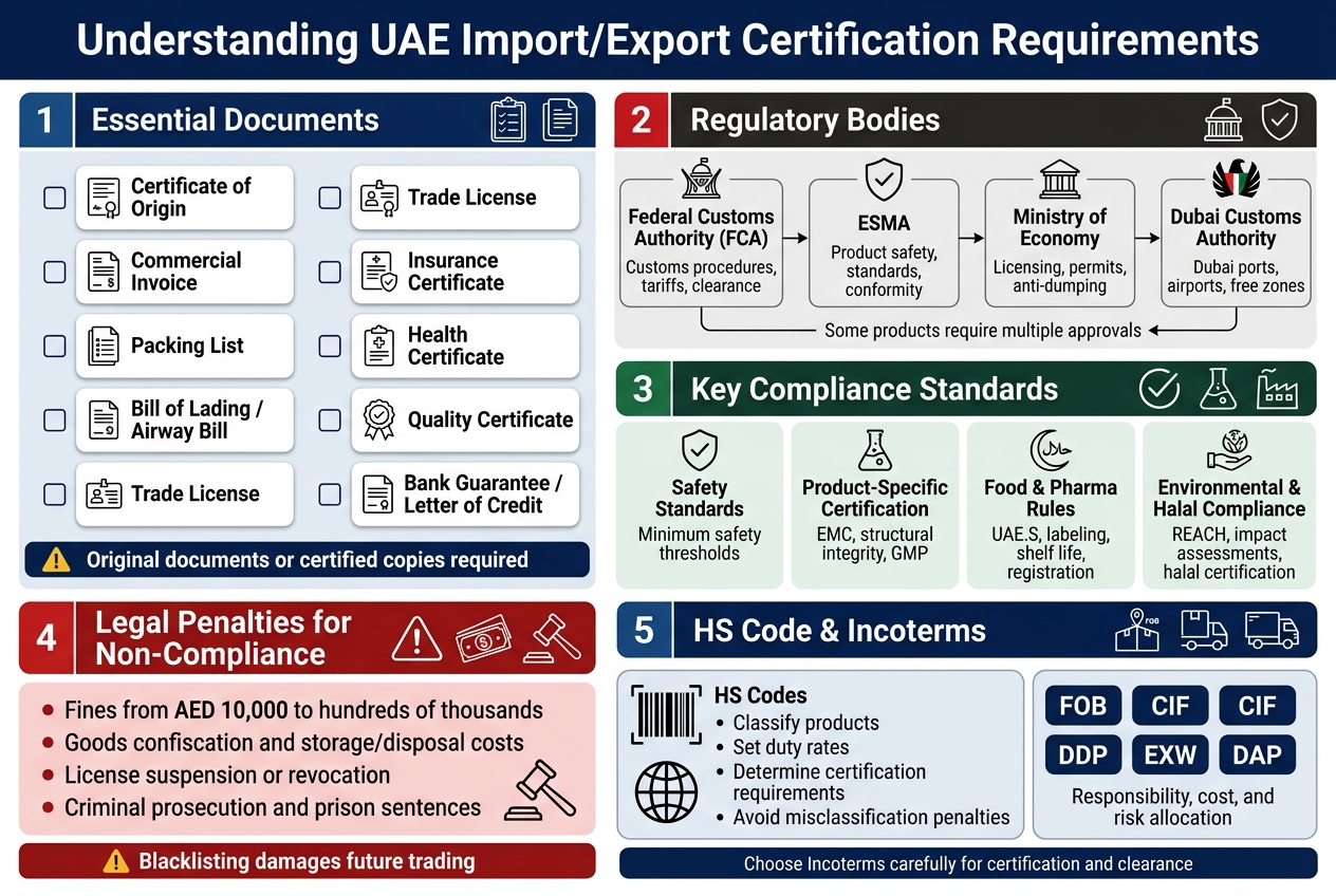 Create a professional flat-vector infographic in a 3:2 aspect ratio with a full-bleed wide layout, no poster frame, no inset margins, using a clean modern sans-serif font. Use a white background with UAE-inspired accents in deep blue, red, black, and gold. Add a bold top heading centered across the width: "Understanding UAE Import/Export Certification Requirements".

Below the heading, arrange five wide horizontal sections in a clear grid with icons, short labels, and compact text blocks. Use crisp line icons, subtle dividers, and color-coded section headers.

Section 1 on the left: "Essential Documents" with a clipboard and document icons. Include a 2-column checklist of document cards with small icons and labels:
- "Certificate of Origin"
- "Commercial Invoice"
- "Packing List"
- "Bill of Lading / Airway Bill"
- "Trade License"
- "Insurance Certificate"
- "Health Certificate"
- "Quality Certificate"
- "Bank Guarantee / Letter of Credit"
Add a warning callout bar beneath: "Original documents or certified copies required"

Section 2 on the upper middle/right: "Regulatory Bodies" with government-building and shield icons. Show four connected cards with arrows:
- "Federal Customs Authority (FCA)" — "Customs procedures, tariffs, clearance"
- "ESMA" — "Product safety, standards, conformity"
- "Ministry of Economy" — "Licensing, permits, anti-dumping"
- "Dubai Customs Authority" — "Dubai ports, airports, free zones"
Add a small flow note: "Some products require multiple approvals"

Section 3 across the middle row: "Key Compliance Standards" with checkmark, laboratory flask, halal crescent, and factory icons. Include four compact blocks:
- "Safety Standards" — "Minimum safety thresholds"
- "Product-Specific Certification" — "EMC, structural integrity, GMP"
- "Food & Pharma Rules" — "UAE.S, labeling, shelf life, registration"
- "Environmental & Halal Compliance" — "REACH, impact assessments, halal certification"

Section 4 on the lower left: "Legal Penalties for Non-Compliance" with a warning triangle, confiscation stamp, and gavel icon. Use a red-tinted panel with four bullet points:
- "Fines from AED 10,000 to hundreds of thousands"
- "Goods confiscation and storage/disposal costs"
- "License suspension or revocation"
- "Criminal prosecution and prison sentences"
Add a bottom alert strip: "Blacklisting damages future trading"

Section 5 on the lower center/right: "HS Code & Incoterms" split into two sub-panels. Left sub-panel has a barcode and globe icon with:
- "HS Codes"
- "Classify products"
- "Set duty rates"
- "Determine certification requirements"
- "Avoid misclassification penalties"
Right sub-panel has shipping and freight icons with:
- "FOB"
- "CIF"
- "DDP"
- "EXW"
- "DAP"
- "Responsibility, cost, and risk allocation"
Add a small footer note: "Choose Incoterms carefully for certification and clearance"

Use a clear visual hierarchy with bold section headers, smaller explanatory text, and consistent spacing. Include simple arrows and connectors to show process flow. Keep all text sharp, legible, and correctly spelled.