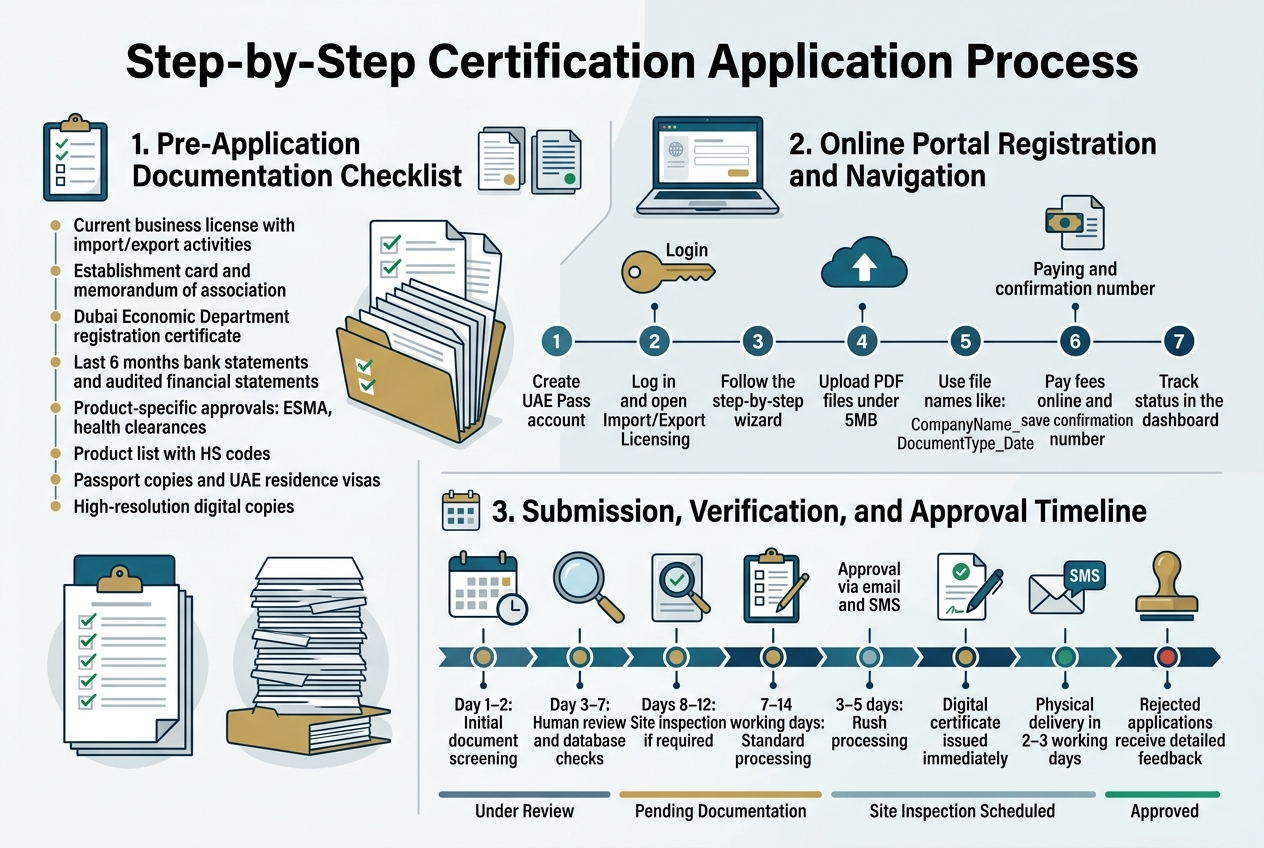 Create a clean professional infographic illustration in a 3:2 aspect ratio, full-bleed layout, wide horizontal design with no vertical poster frame and no inset margins. Use a modern corporate style with a white background, deep blue and teal accents, gold highlights, subtle gray dividers, and clear sans-serif typography. Place a bold header across the top center.

Top header text:
"Step-by-Step Certification Application Process"

Below the header, arrange three wide horizontal sections across the page, using a left-to-right flow with numbered circles and icons, or a 3-column layout with distinct blocks. Use strong visual hierarchy, bold section titles, short bullet-style lines, and small support icons.

Section 1 on the left or upper-left:
Title text:
"1. Pre-Application Documentation Checklist"
Include a checklist icon and document icons. Show a neat stack of papers and a folder with checkmarks.
Include these exact subpoints as short bullet text:
"Current business license with import/export activities"
"Establishment card and memorandum of association"
"Dubai Economic Department registration certificate"
"Last 6 months bank statements and audited financial statements"
"Product-specific approvals: ESMA, health clearances"
"Product list with HS codes"
"Passport copies and UAE residence visas"
"High-resolution digital copies"

Section 2 in the center:
Title text:
"2. Online Portal Registration and Navigation"
Include a laptop, portal screen, login key, and upload cloud icons.
Show a horizontal step flow with small numbered circles:
"Create UAE Pass account"
"Log in and open Import/Export Licensing"
"Follow the step-by-step wizard"
"Upload PDF files under 5MB"
"Use file names like: CompanyName_DocumentType_Date"
"Pay fees online and save confirmation number"
"Track status in the dashboard"

Section 3 on the right or lower-right:
Title text:
"3. Submission, Verification, and Approval Timeline"
Include a timeline graphic with calendar, magnifying glass, inspection clipboard, SMS/email notification, and approval stamp icons.
Show a clear timeline with labeled milestones:
"Day 1–2: Initial document screening"
"Day 3–7: Human review and database checks"
"Days 8–12: Site inspection if required"
"7–14 working days: Standard processing"
"3–5 days: Rush processing"
"Approval via email and SMS"
"Digital certificate issued immediately"
"Physical delivery in 2–3 working days"
"Rejected applications receive detailed feedback"

Add a thin footer bar across the bottom with a small status tracker and labels:
"Under Review"
"Pending Documentation"
"Site Inspection Scheduled"
"Approved"

Use crisp icons for documents, portal login, upload, payment, calendar, inspection, email, SMS, and approval. Keep all text legible, aligned, and evenly spaced. Use a polished government-services infographic aesthetic with clean lines, subtle shadows, and a balanced wide composition.