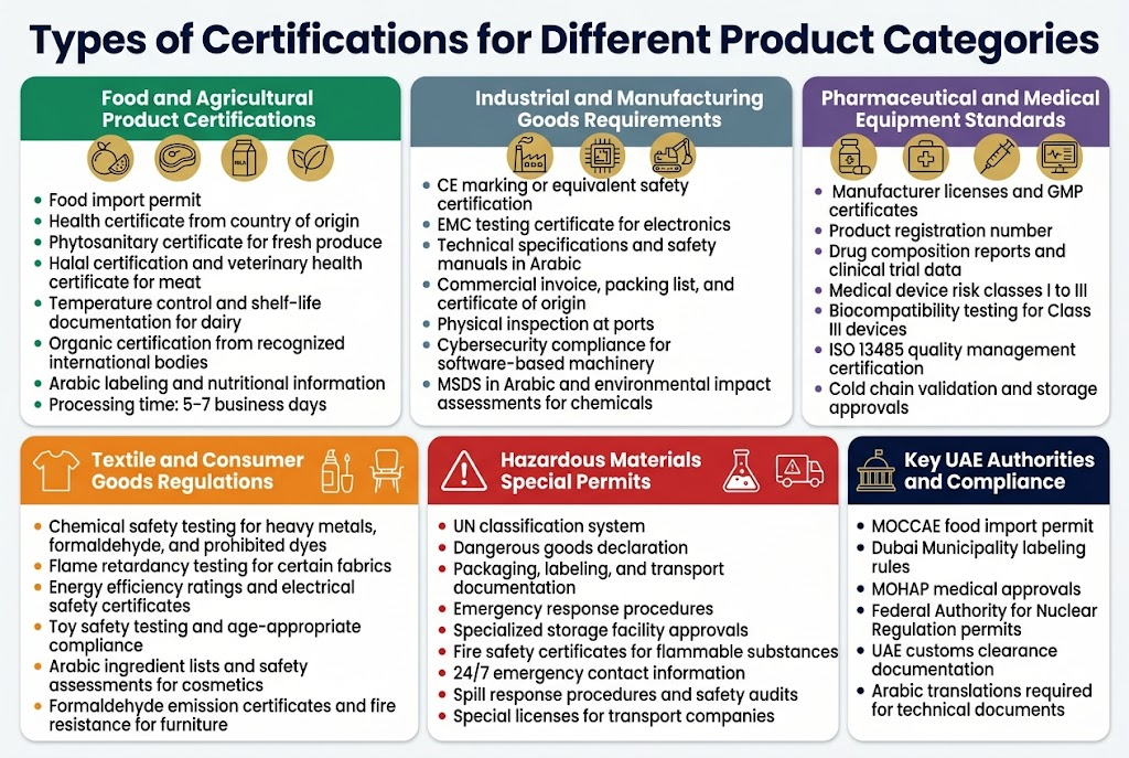 Create a clean professional infographic in a full-bleed 3:2 horizontal layout with a white background, deep navy headings, teal section headers, and gold accent icons. Use a bold modern sans-serif font. Place a large title across the top: "Types of Certifications for Different Product Categories". Below the title, arrange six wide horizontal content blocks in a 2-row by 3-column grid, each with a colored header bar, a simple icon, and short bullet points.

Top block 1, left: a green section titled "Food and Agricultural Product Certifications" with icons of a fruit, meat stamp, milk carton, and leaf. Include bullets: "Food import permit", "Health certificate from country of origin", "Phytosanitary certificate for fresh produce", "Halal certification and veterinary health certificate for meat", "Temperature control and shelf-life documentation for dairy", "Organic certification from recognized international bodies", "Arabic labeling and nutritional information", "Processing time: 5–7 business days".

Top block 2, center: a gray-blue section titled "Industrial and Manufacturing Goods Requirements" with icons of a factory, circuit board, and heavy machine. Include bullets: "CE marking or equivalent safety certification", "EMC testing certificate for electronics", "Technical specifications and safety manuals in Arabic", "Commercial invoice, packing list, and certificate of origin", "Physical inspection at ports", "Cybersecurity compliance for software-based machinery", "MSDS in Arabic and environmental impact assessments for chemicals".

Top block 3, right: a purple section titled "Pharmaceutical and Medical Equipment Standards" with icons of a pill bottle, medical cross, syringe, and monitor. Include bullets: "Manufacturer licenses and GMP certificates", "Product registration number", "Drug composition reports and clinical trial data", "Medical device risk classes I to III", "Biocompatibility testing for Class III devices", "ISO 13485 quality management certification", "Cold chain validation and storage approvals".

Bottom block 4, left: an orange section titled "Textile and Consumer Goods Regulations" with icons of a T-shirt, toy block, cosmetic bottle, and chair. Include bullets: "Chemical safety testing for heavy metals, formaldehyde, and prohibited dyes", "Flame retardancy testing for certain fabrics", "Energy efficiency ratings and electrical safety certificates", "Toy safety testing and age-appropriate compliance", "Arabic ingredient lists and safety assessments for cosmetics", "Formaldehyde emission certificates and fire resistance for furniture".

Bottom block 5, center: a red section titled "Hazardous Materials Special Permits" with icons of a hazard triangle, chemical flask, warning label, and transport truck. Include bullets: "UN classification system", "Dangerous goods declaration", "Packaging, labeling, and transport documentation", "Emergency response procedures", "Specialized storage facility approvals", "Fire safety certificates for flammable substances", "24/7 emergency contact information", "Spill response procedures and safety audits", "Special licenses for transport companies".

Bottom block 6, right: a compact summary panel titled "Key UAE Authorities and Compliance" with icons of a government building and checklist. Include short bullets: "MOCCAE food import permit", "Dubai Municipality labeling rules", "MOHAP medical approvals", "Federal Authority for Nuclear Regulation permits", "UAE customs clearance documentation", "Arabic translations required for technical documents".

Use thin divider lines between sections, rounded corners on each block, and consistent icon style. Keep text crisp and readable, with clear hierarchy: large title, medium section headers, small bullet text. No extra decorative text, no watermark, no frame, no border, no vertical poster layout.