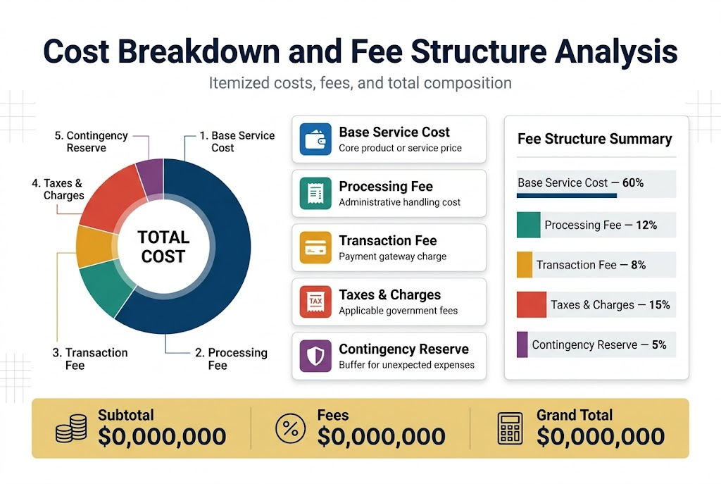 3:2 landscape full-bleed professional infographic, clean modern corporate style, white background with deep navy, teal, and gold accents, sans-serif typography, strong visual hierarchy.

Top header spanning full width: large bold title text in dark navy, exact text: "Cost Breakdown and Fee Structure Analysis". Subtitle below in smaller gray text: "Itemized costs, fees, and total composition".

Main layout in three wide horizontal columns across the center:

LEFT COLUMN:
A large circular donut chart with multiple colored segments and a center label reading "TOTAL COST". Around the chart, small callout labels with thin leader lines:
"1. Base Service Cost"
"2. Processing Fee"
"3. Transaction Fee"
"4. Taxes & Charges"
"5. Contingency Reserve"

Center column:
Five stacked rectangular cards with subtle shadows, each with a colored icon on the left and bold label text:
1) Blue wallet icon, text: "Base Service Cost" with smaller line: "Core product or service price"
2) Green receipt icon, text: "Processing Fee" with smaller line: "Administrative handling cost"
3) Orange credit-card icon, text: "Transaction Fee" with smaller line: "Payment gateway charge"
4) Red tax stamp icon, text: "Taxes & Charges" with smaller line: "Applicable government fees"
5) Purple shield icon, text: "Contingency Reserve" with smaller line: "Buffer for unexpected expenses"

RIGHT COLUMN:
A clean summary panel with a bold section header: "Fee Structure Summary"
Below it, a simple vertical breakdown using horizontal bars of different lengths and matching colors, each labeled:
"Base Service Cost — 60%"
"Processing Fee — 12%"
"Transaction Fee — 8%"
"Taxes & Charges — 15%"
"Contingency Reserve — 5%"

Bottom band across full width:
A wide highlight strip with three metric boxes:
"Subtotal"
"Fees"
"Grand Total"
Each box with a large number placeholder style display and a small icon above it: stack of coins, percentage symbol, and calculator.

Use crisp alignment, clear spacing, minimal decorative lines, subtle grid accents in the background, no frame, no border, no mockup device, no 3D effects.