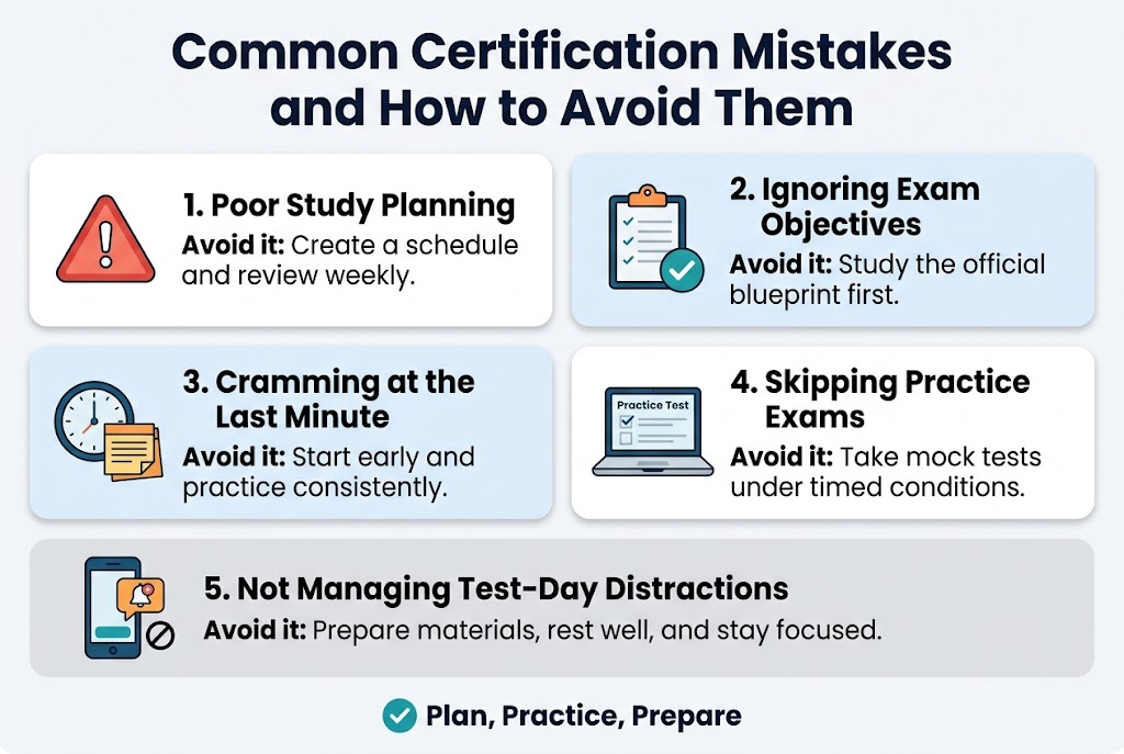 Create a clean professional infographic illustration in a 3:2 aspect ratio, full-bleed layout with no frame, using a wide horizontal composition.

Top center: large bold title in dark navy sans-serif text, exact wording: "Common Certification Mistakes and How to Avoid Them"

Below the title, arrange five wide horizontal numbered sections across the canvas in a two-column grid with one full-width section at the bottom, each section in a rounded rectangle with subtle shadow and plenty of whitespace. Use alternating light backgrounds: white, pale blue, and light gray. Use navy, teal, and orange accents.

Section 1 on the upper left:
A red warning triangle icon with an exclamation mark.
Bold heading text: "1. Poor Study Planning"
Smaller text: "Avoid it: Create a schedule and review weekly."

Section 2 on the upper right:
A clipboard icon with a checkmark.
Bold heading text: "2. Ignoring Exam Objectives"
Smaller text: "Avoid it: Study the official blueprint first."

Section 3 on the middle left:
A clock icon and a stack of notes.
Bold heading text: "3. Cramming at the Last Minute"
Smaller text: "Avoid it: Start early and practice consistently."

Section 4 on the middle right:
A laptop icon with a practice test screen.
Bold heading text: "4. Skipping Practice Exams"
Smaller text: "Avoid it: Take mock tests under timed conditions."

Section 5 full width across the bottom:
A smartphone icon with a crossed-out notification bubble and a distraction slash symbol.
Bold heading text: "5. Not Managing Test-Day Distractions"
Smaller text: "Avoid it: Prepare materials, rest well, and stay focused."

Add a small footer strip at the very bottom with a teal checkmark and the phrase in bold: "Plan, Practice, Prepare"

Use modern sans-serif fonts, bold headings, clear hierarchy, crisp vector-style icons, balanced spacing, and a polished corporate infographic style.