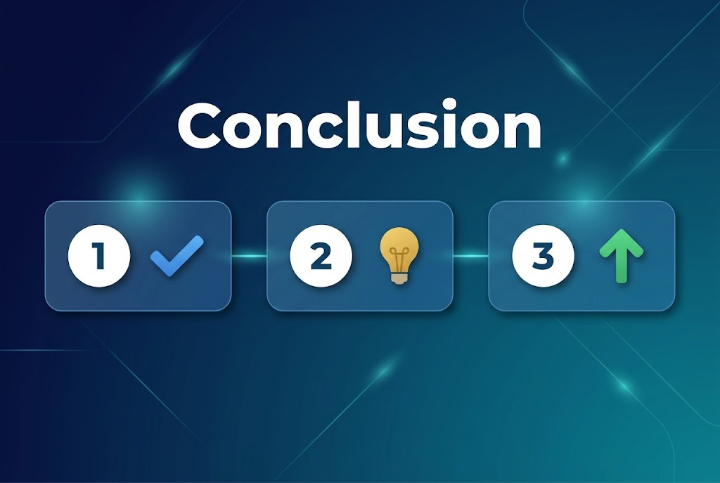 Full-bleed clean professional infographic illustration in a 3:2 aspect ratio. A wide horizontal layout with a deep navy-to-teal gradient background, subtle geometric lines, and soft glowing accents. At the top center, large bold white sans-serif heading text: "Conclusion".

Below the heading, arrange three evenly spaced horizontal sections across the middle of the canvas, each in a rounded rectangle panel with a slightly lighter blue tint and soft shadow. In the left panel, a white circular badge with the number "1" and a blue checkmark icon beside it. In the center panel, a white circular badge with the number "2" and a gold lightbulb icon beside it. In the right panel, a white circular badge with the number "3" and a green upward arrow icon beside it. Keep the panels aligned in a single row, wide and balanced, with generous spacing between them.

Use a modern sans-serif font, strong contrast, crisp vector style, clean infographic aesthetics, minimal but polished decoration. Add a thin glowing line connecting the three sections. No extra text besides "Conclusion" and the numerals "1", "2", "3". No borders, no poster frame, no inset margins.