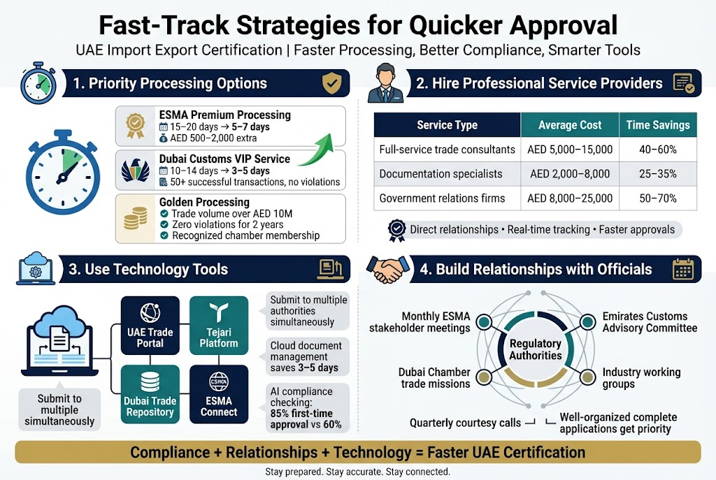 Create a clean, modern full-bleed infographic in a 3:2 aspect ratio, using a professional UAE business style with white background, deep navy, teal, gold, and light gray accents, crisp sans-serif typography, and clear visual hierarchy.

TOP HEADER AREA:
- Large bold title centered across the top: "Fast-Track Strategies for Quicker Approval"
- Smaller subtitle beneath in dark gray: "UAE Import Export Certification | Faster Processing, Better Compliance, Smarter Tools"

MAIN BODY: organize into four wide horizontal sections in a 2x2 grid with icons and numbered labels.

SECTION 1 — top left:
- Header with a blue stopwatch icon and the text: "1. Priority Processing Options"
- Three stacked mini-cards with small icons:
  - "ESMA Premium Processing" — "15–20 days → 5–7 days" — "AED 500–2,000 extra"
  - "Dubai Customs VIP Service" — "10–14 days → 3–5 days" — "50+ successful transactions, no violations"
  - "Golden Processing" — bullet icons with:
    - "Trade volume over AED 10M"
    - "Zero violations for 2 years"
    - "Recognized chamber membership"
- Add a small green arrow graphic showing faster turnaround.

SECTION 2 — top right:
- Header with a professional consultant icon and the text: "2. Hire Professional Service Providers"
- Include a three-row comparison table with columns: "Service Type", "Average Cost", "Time Savings"
  - "Full-service trade consultants" | "AED 5,000–15,000" | "40–60%"
  - "Documentation specialists" | "AED 2,000–8,000" | "25–35%"
  - "Government relations firms" | "AED 8,000–25,000" | "50–70%"
- Add a small badge below: "Direct relationships • Real-time tracking • Faster approvals"

SECTION 3 — bottom left:
- Header with a digital cloud/laptop icon and the text: "3. Use Technology Tools"
- Show four connected app tiles:
  - "UAE Trade Portal"
  - "Tejari Platform"
  - "Dubai Trade Repository"
  - "ESMA Connect"
- Add three small callouts:
  - "Submit to multiple authorities simultaneously"
  - "Cloud document management saves 3–5 days"
  - "AI compliance checking: 85% first-time approval vs 60%"

SECTION 4 — bottom right:
- Header with a handshake and calendar icon and the text: "4. Build Relationships with Officials"
- Show a circular network graphic around a central label: "Regulatory Authorities"
- Surround with four labeled nodes:
  - "Monthly ESMA stakeholder meetings"
  - "Emirates Customs Advisory Committee"
  - "Dubai Chamber trade missions"
  - "Industry working groups"
- Add two short lines at the bottom:
  - "Quarterly courtesy calls"
  - "Well-organized complete applications get priority"

BOTTOM FOOTER STRIP:
- A slim gold bar spanning the width with the text: "Compliance + Relationships + Technology = Faster UAE Certification"
- Small footer note in gray: "Stay prepared. Stay accurate. Stay connected."

Use icons for stopwatch, shield/check, consultant, laptop/cloud, handshake, calendar, network nodes, arrows, and document stacks. Keep the layout wide and balanced, with no vertical poster frame, no centered narrow stack, and no heavy borders.