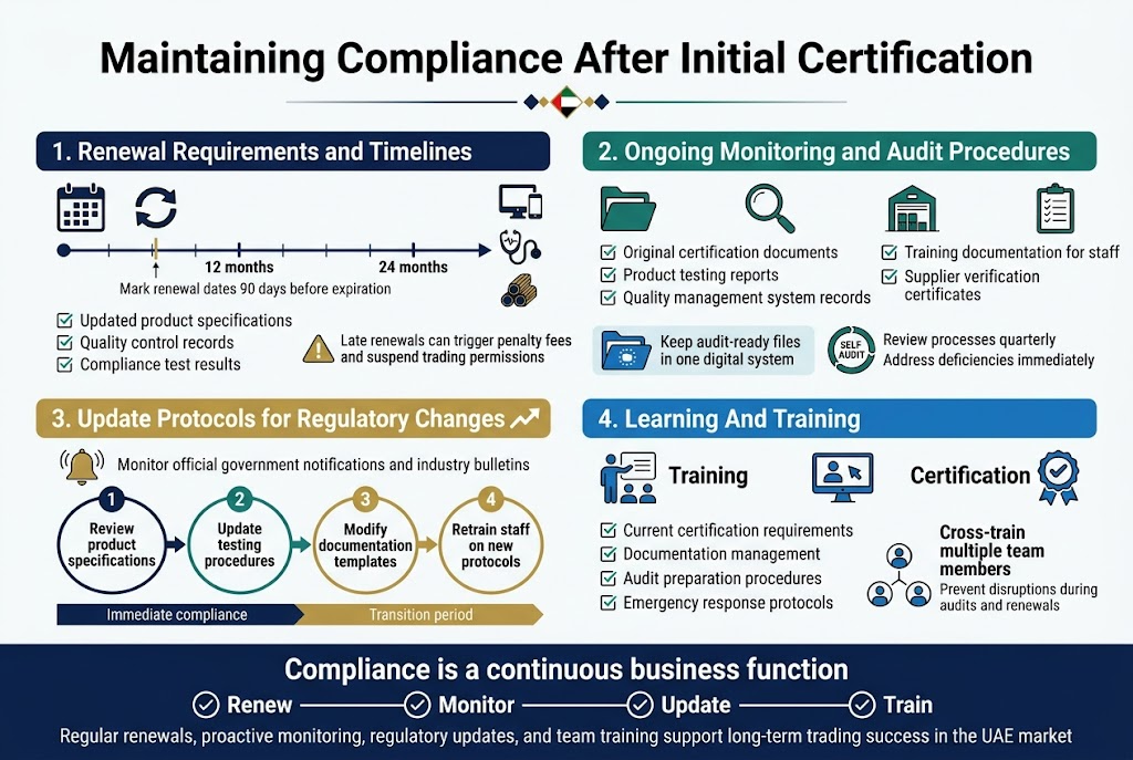 Create a full-bleed professional infographic illustration in a 3:2 aspect ratio with a clean white background, deep navy and teal accents, gold highlights, modern sans-serif fonts, and a clear visual hierarchy. Use a wide horizontal layout with four main content blocks across the page and a final summary band at the bottom. Place a bold title across the top center.

Top heading:
"Maintaining Compliance After Initial Certification"

Below the title, place a thin horizontal divider line with small UAE-themed geometric accents.

Section 1 on the upper left, titled in a navy box:
"1. Renewal Requirements and Timelines"
Include a calendar icon and a circular renewal arrow icon. Show a horizontal timeline with marked intervals:
"12 months"
"24 months"
Add a small note beneath:
"Mark renewal dates 90 days before expiration"
Use small icons for electronics, medical devices, and construction materials next to the timeline. Add a compact checklist block with:
"Updated product specifications"
"Quality control records"
"Compliance test results"
Add a small warning icon and the text:
"Late renewals can trigger penalty fees and suspend trading permissions"

Section 2 on the upper right, titled in a teal box:
"2. Ongoing Monitoring and Audit Procedures"
Include icons of a file folder, magnifying glass, warehouse, and clipboard. Show a checklist of audit documents in two columns:
"Original certification documents"
"Product testing reports"
"Quality management system records"
"Training documentation for staff"
"Supplier verification certificates"
Add a small digital folder icon with the text:
"Keep audit-ready files in one digital system"
Add a circular self-audit icon and the text:
"Review processes quarterly"
"Address deficiencies immediately"

Section 3 on the lower left, titled in a gold-accent box:
"3. Update Protocols for Regulatory Changes"
Include a government notification bell icon and an upward trend arrow icon. Show a 4-step flow with numbered circles:
"Review product specifications"
"Update testing procedures"
"Modify documentation templates"
"Retrain staff on new protocols"
Add a small timeline bar beneath with:
"Immediate compliance" and "Transition period"
Include a small note:
"Monitor official government notifications and industry bulletins"

Section 4 on the lower right, titled in a blue box:
"4. Learning And Training"
Include a training icon with people, a webinar screen, and a certification badge. Show a compact list:
"Current certification requirements"
"Documentation management"
"Audit preparation procedures"
"Emergency response protocols"
Add a cross-training icon with three linked team members and the text:
"Cross-train multiple team members"
"Prevent disruptions during audits and renewals"

Bottom full-width summary band with a strong navy background and white text:
"Compliance is a continuous business function"
Below it, place four connected icon checkpoints with short labels:
"Renew"
"Monitor"
"Update"
"Train"
Add a final concluding line in smaller text:
"Regular renewals, proactive monitoring, regulatory updates, and team training support long-term trading success in the UAE market"

Use neat alignment, clear spacing, subtle shadows, and simple vector-style icons. No inset frame, no vertical poster layout, no clutter. Keep all text crisp and legible.