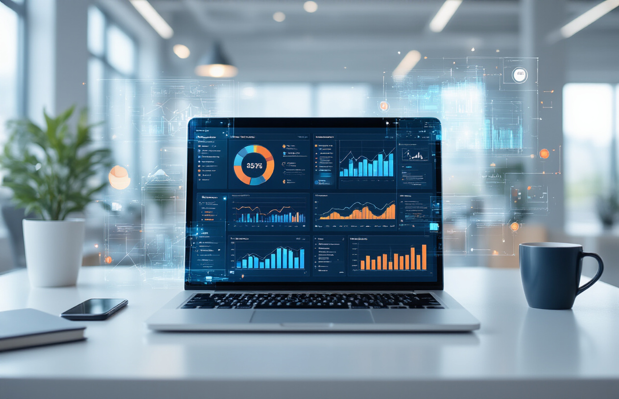 Create a realistic image of a modern office workspace with a sleek laptop displaying colorful AI analytics dashboards and productivity graphs on the screen, surrounded by floating holographic data visualizations and digital interface elements in blue and orange tones, with a clean white desk surface featuring a smartphone, notebook, and coffee cup, set against a bright contemporary office background with large windows showing natural daylight, conveying an innovative and efficient technological atmosphere. Absolutely NO text should be in the scene.