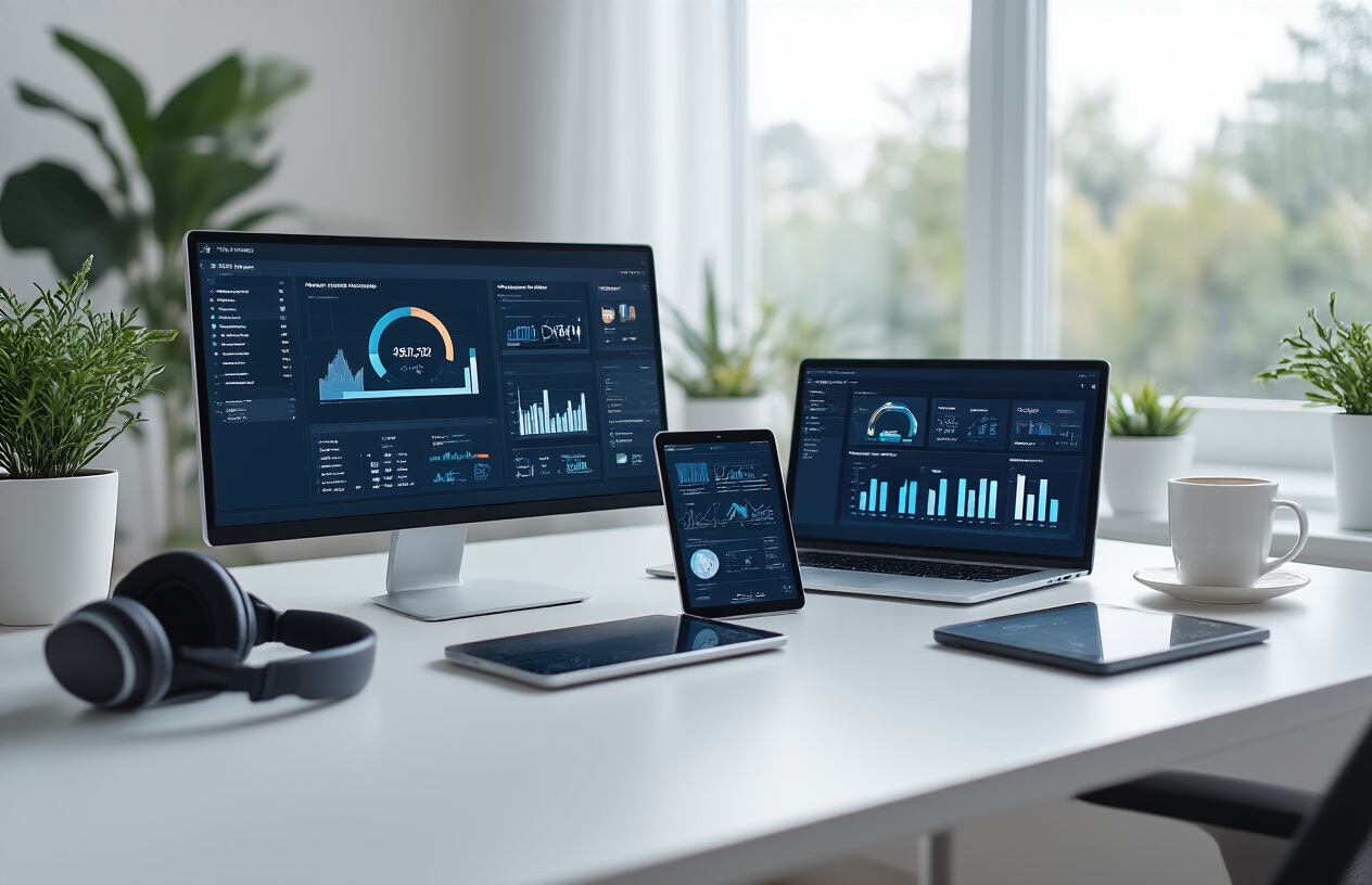 Create a realistic image of a modern workspace featuring essential AI productivity tools displayed on multiple screens, including a sleek laptop showing AI dashboard interfaces, a tablet with automation workflows, and a smartphone with AI assistant apps, arranged on a clean white desk alongside productivity accessories like wireless headphones, a digital notepad, and a coffee cup, with soft natural lighting from a window creating a professional and efficient atmosphere, absolutely NO text should be in the scene.