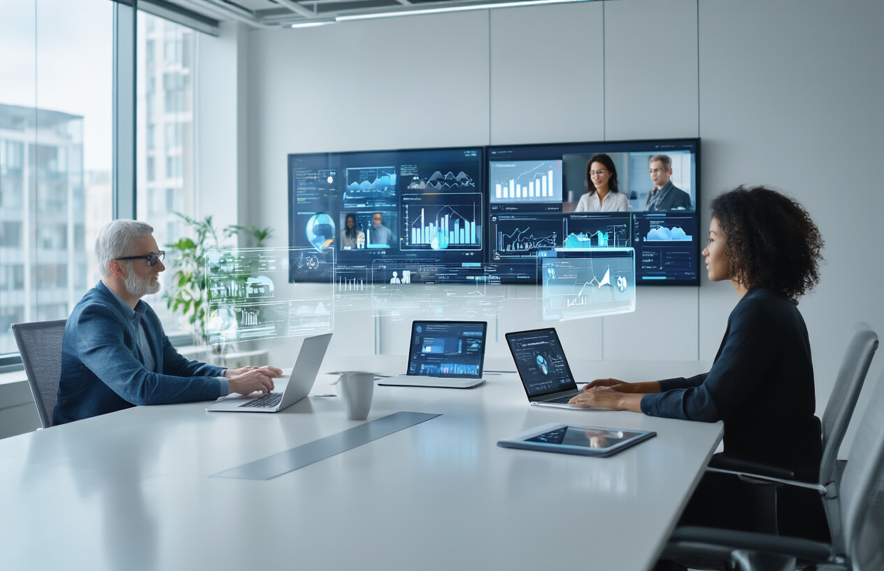Create a realistic image of a modern office setting with diverse professionals collaborating efficiently using AI technology, featuring a white male and black female sitting at a sleek conference table with laptops and tablets displaying charts and workflows, holographic communication interfaces floating above the devices showing video calls with remote team members, digital collaboration tools and productivity dashboards visible on large wall-mounted screens, clean minimalist office environment with natural lighting from large windows, futuristic yet professional atmosphere conveying enhanced teamwork and streamlined communication, absolutely NO text should be in the scene.