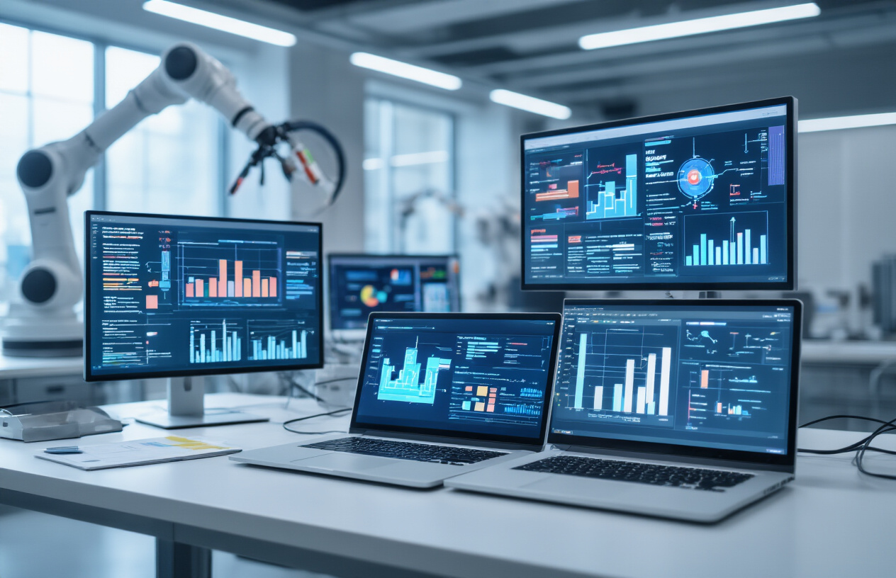 Create a realistic image of a modern office workspace showing automated workflow visualization with a laptop displaying colorful flowcharts and process diagrams on screen, robotic arms or automated mechanisms in the background handling paperwork and filing tasks, multiple monitors showing data streams and automated reports, a clean minimalist desk with cables connecting various devices, soft blue and white lighting creating a high-tech atmosphere, conveying efficiency and technological advancement, absolutely NO text should be in the scene.
