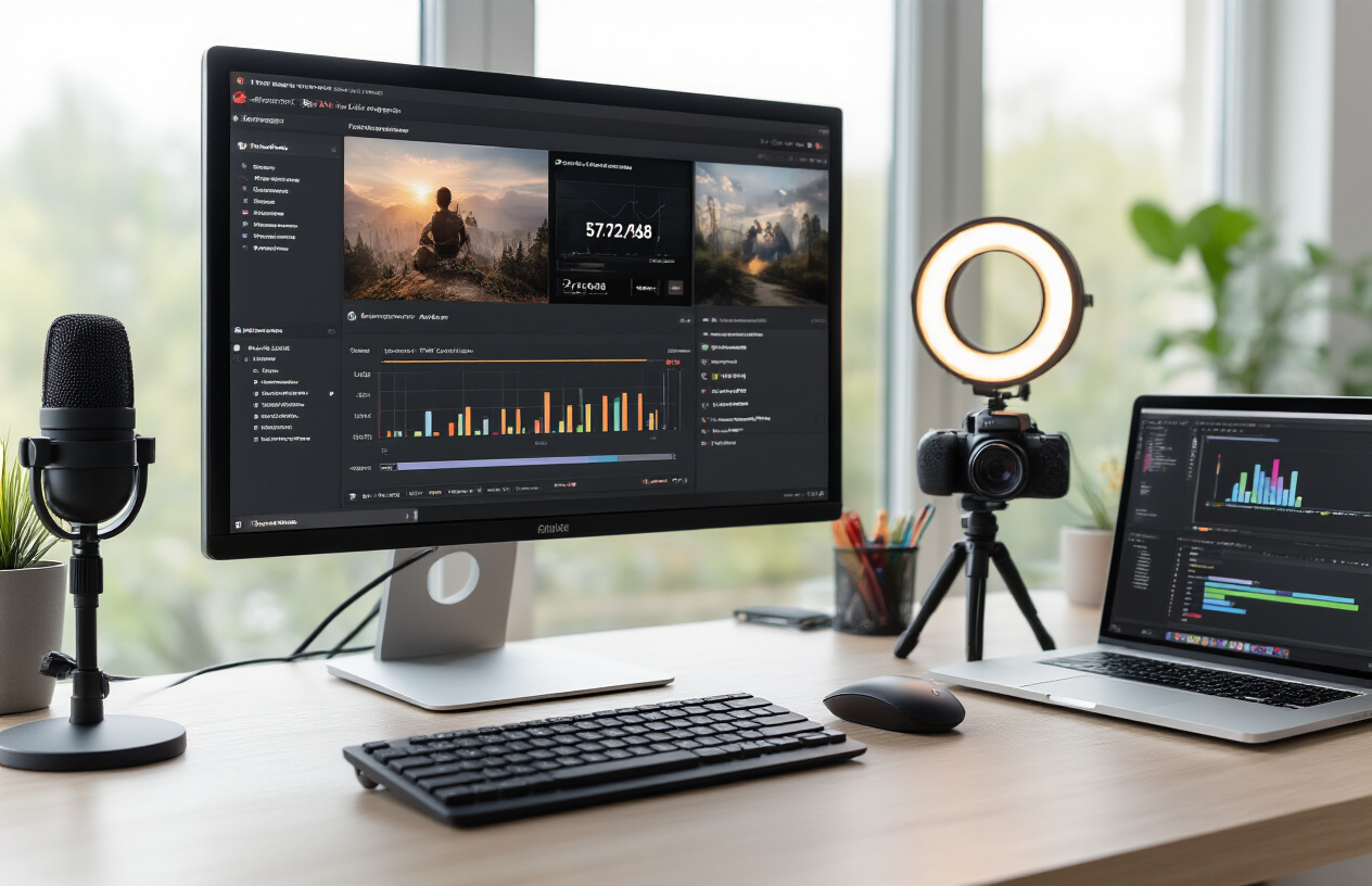 Create a realistic image of a modern workspace setup showing essential YouTube automation components including a sleek computer monitor displaying analytics dashboards and video thumbnails, a professional microphone on an adjustable arm, a ring light for video recording, a high-quality camera mounted on a tripod, editing software interface visible on a laptop screen, and various content creation tools arranged on a clean desk, with soft natural lighting from a window creating a professional atmosphere, absolutely NO text should be in the scene.