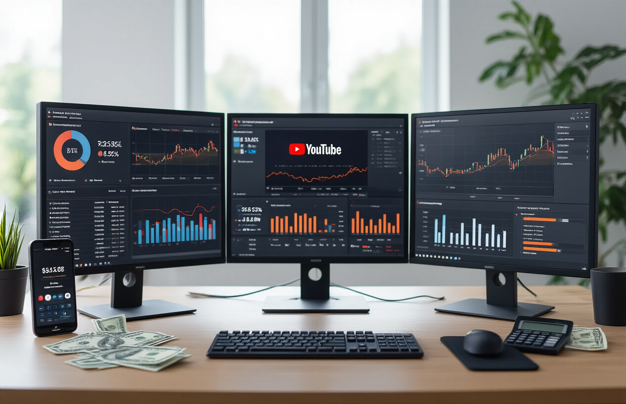 Create a realistic image of a modern workspace showing YouTube automation revenue maximization with multiple computer monitors displaying YouTube analytics dashboards with growing revenue charts and subscriber counts, automated video editing software interfaces, and monetization tools, a sleek desk setup with a high-end computer, smartphone showing YouTube mobile interface, calculator, and dollar bills scattered nearby, clean office environment with soft natural lighting from a window, professional atmosphere conveying success and efficiency in digital content creation, absolutely NO text should be in the scene.