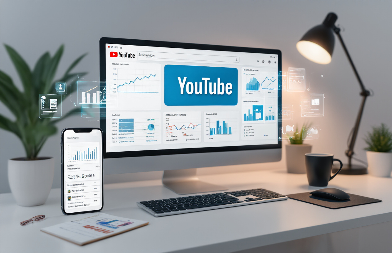 Create a realistic image of a modern workspace with a computer monitor displaying YouTube's interface with analytics charts and graphs, a smartphone showing video thumbnails, automated workflow diagrams floating as holographic elements above the desk, sleek keyboard and mouse, coffee cup, notepad with strategic notes, soft ambient lighting from a desk lamp, clean minimalist background with subtle tech-themed decorative elements, professional and innovative atmosphere suggesting digital automation and success. Absolutely NO text should be in the scene.