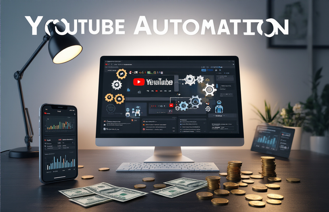 Create a realistic image of a modern workspace with a computer monitor displaying YouTube's interface with automated workflow graphics, gears and robotic icons floating around the screen, a smartphone showing YouTube analytics charts, scattered dollar bills and coins on a dark wooden desk, soft ambient lighting from a desk lamp, with the text "YOUTUBE AUTOMATION" prominently displayed in bold white letters across the top of the image, creating a professional tech-savvy atmosphere that represents automated content creation and monetization.