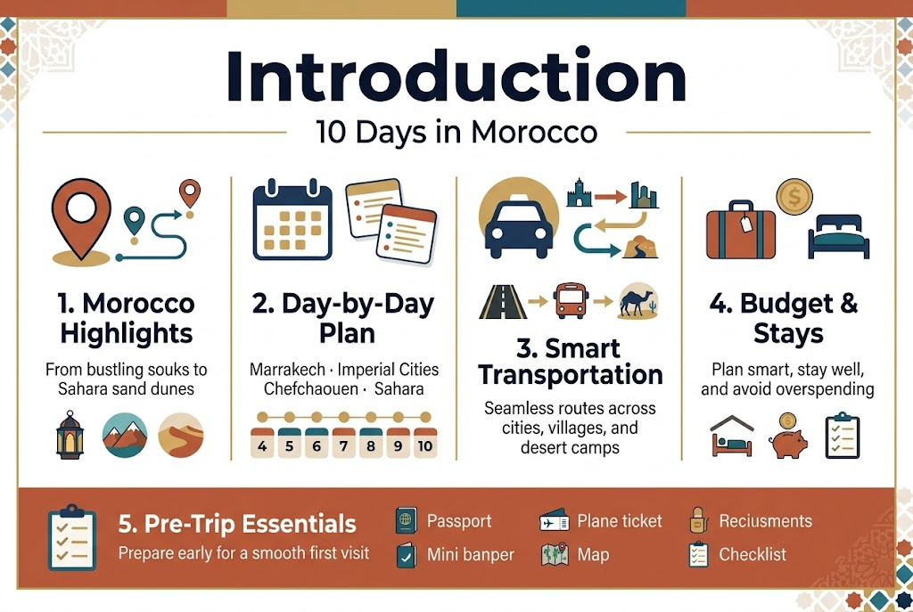 Create a clean, professional travel infographic in a 3:2 aspect ratio, full-bleed layout, with a warm Moroccan color palette of terracotta, sand, deep blue, teal, and gold accents. Use modern sans-serif fonts with a bold headline and clear visual hierarchy.
Top center: large bold title in dark navy text: "Introduction"
Directly below in smaller text: "10 Days in Morocco"
Main layout: wide horizontal infographic with 4 balanced sections across the page, using icons and numbered blocks.
Section 1 on the left: a large map-pin icon and a mini route line. Heading text: "1. Morocco Highlights" with short body text: "From bustling souks to Sahara sand dunes"
Add small visual icons of a market lantern, mountains, and desert dunes.
Section 2 near left-center: a calendar icon and itinerary cards. Heading text: "2. Day-by-Day Plan" with body text: "Marrakech · Imperial Cities · Chefchaouen · Sahara"
Show a simple horizontal day progression with 10 small numbered dots or cards.
Section 3 near right-center: a car/train icon and route arrows connecting city and landscape symbols. Heading text: "3. Smart Transportation" with body text: "Seamless routes across cities, villages, and desert camps"
Include icons for a road, bus, and camel trail.
Section 4 on the right: a suitcase, coin, and bed icon grouped together. Heading text: "4. Budget & Stays" with body text: "Plan smart, stay well, and avoid overspending"
Add small symbols for accommodation, savings, and checklists.
Bottom band across the full width: a small checklist icon and pre-trip items in two columns. Heading text: "5. Pre-Trip Essentials" with body text: "Prepare early for a smooth first visit"
Include mini icons for passport, plane ticket, and map.
Use subtle decorative Moroccan tile patterns in the background corners, crisp white spaces between sections, thin gold dividers, and strong contrast for readability. Keep the composition wide and balanced, with no vertical poster frame, no narrow centered stack. Include only the visible text specified above.