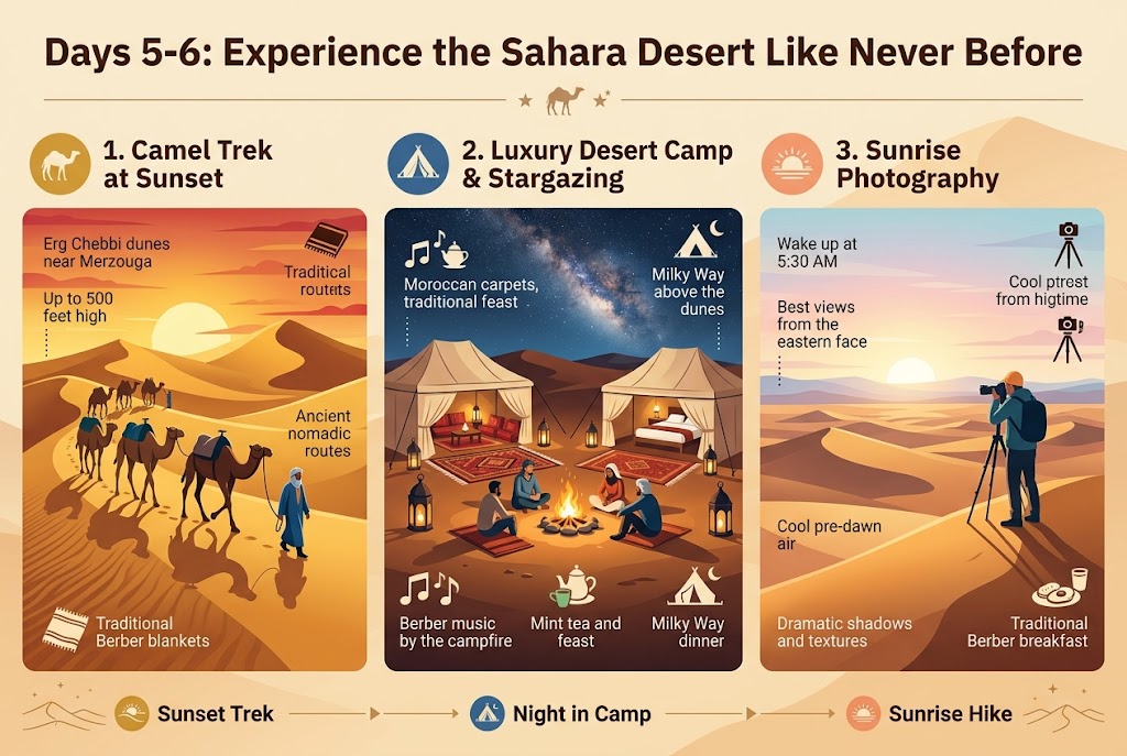 Create a full-bleed 3:2 infographic illustration in a clean modern travel style with warm desert colors, using a wide horizontal layout and no poster frame. Background: subtle gradient of sand beige to sunset orange with faint dune textures. Use bold sans-serif fonts for headings, smaller readable sans-serif for body text.
Top center: large bold title in dark brown text, "Days 5-6: Experience the Sahara Desert Like Never Before". Add a thin horizontal divider line beneath it with small camel and star icons.
Main layout: three wide side-by-side sections across the page, each with a numbered circle icon and a large illustrated scene.
Left section, label at top left: "1. Camel Trek at Sunset" with a small camel icon in a gold circle. Show a camel caravan moving over tall golden Erg Chebbi dunes at sunset, with a guide leading them. Include small text callouts beside the scene: "Erg Chebbi dunes near Merzouga", "Up to 500 feet high", "Ancient nomadic routes". Add visual sunset colors shifting from gold to orange and crimson in the sky. Include a small blanket icon and the text "Traditional Berber blankets".
Center section, label at top center: "2. Luxury Desert Camp & Stargazing" with a tent icon in a blue circle. Show elegant canvas tents with Moroccan carpets, lanterns, real beds, and a campfire with travelers sitting around it. Add icons for music, tea, and dinner. Include short text callouts: "Berber music by the campfire", "Mint tea and traditional feast", "Milky Way above the dunes". Show a star-filled night sky with the Milky Way clearly visible. Add a small tent and crescent moon icon.
Right section, label at top right: "3. Sunrise Photography" with a sunrise icon in a peach circle. Show a person on a dune at dawn photographing the desert from a high viewpoint, with cool pastel sky colors changing to warm gold. Include text callouts: "Wake up at 5:30 AM", "Best views from the eastern face", "Cool pre-dawn air", "Dramatic shadows and textures". Add a tripod camera icon and a small breakfast icon with the text "Traditional Berber breakfast".
Bottom band across the full width: a slim timeline strip with three labeled icons and short phrases: "Sunset Trek", "Night in Camp", "Sunrise Hike". Use small arrow markers connecting the stages. Add subtle decorative sand dune lines and tiny stars.
Color palette: gold, amber, copper, orange, crimson, deep blue, cream, and dark brown. Use crisp vector-style illustrations, high contrast, polished travel brochure aesthetic, balanced spacing, and clear hierarchy.