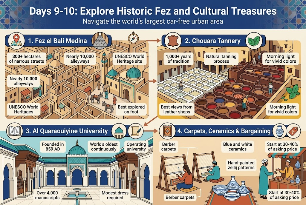 Create a full-bleed 3:2 landscape infographic illustration with a clean, professional travel-guide style. Use warm Moroccan colors: deep cobalt blue, turquoise, sand beige, terracotta, saffron, and white. Bold modern sans-serif headings, smaller readable body text, strong visual hierarchy. No poster frame, no inset margins, no narrow centered stack.
TOP HEADER: Large bold title centered across the top: "Days 9-10: Explore Historic Fez and Cultural Treasures" with a smaller subtitle directly underneath: "Navigate the world's largest car-free urban area". Add a subtle background pattern of Moroccan geometric tiles behind the header.
MAIN LAYOUT: Divide the page into four wide horizontal or two-column infographic sections with clear numbered labels and icons.
SECTION 1 on the left upper area: Title "1. Fez el Bali Medina" with a map-pin and cobblestone alley icon. Show an illustrated aerial/maze scene of dense narrow streets, souks, riads, mosques, donkeys, and walking locals. Include short callout text in clean blocks:
- "300+ hectares"
- "Nearly 10,000 alleyways"
- "UNESCO World Heritage site"
- "Best explored on foot"
SECTION 2 on the right upper area: Title "2. Chouara Tannery" with a leather hide and mint leaf icon. Show the famous tannery from a rooftop viewpoint with colorful dye vats in white, yellow, red, and brown, and workers standing in the pits. Add small visual mint leaves near the edge. Include concise labels:
- "1,000+ years of tradition"
- "Natural tanning process"
- "Best views from leather shops"
- "Morning light for vivid colors"
SECTION 3 on the lower left: Title "3. Al Quaraouiyine University" with an open book, mosque dome, and manuscript icon. Show an elegant mosque-university courtyard and library architecture. Include text callouts:
- "Founded in 859 AD"
- "World's oldest continuously operating university"
- "Over 4,000 manuscripts"
- "Modest dress required"
SECTION 4 on the lower right: Title "4. Carpets, Ceramics & Bargaining" with a woven carpet icon, pottery vase icon, and price tag icon. Show artisans weaving on looms, blue-and-white ceramic bowls and tagines, and a merchant stall with bargaining gesture. Include text callouts:
- "Berber carpets"
- "Blue and white ceramics"
- "Hand-painted zellij patterns"
- "Start at 30-40% of asking price"
Add small decorative route arrows connecting the four sections to suggest an itinerary flow. Include tiny compass, walking shoe, and camera icons as accents. Use neat boxed text, balanced spacing, and crisp vector-style illustration details throughout.