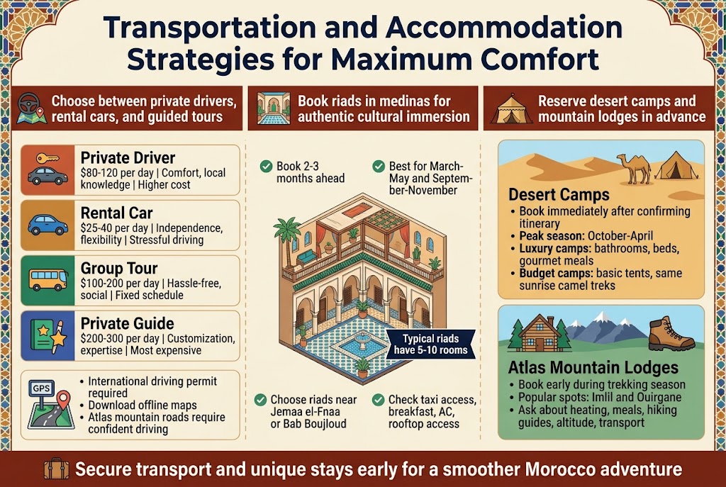Create a full-bleed professional infographic in a 3:2 aspect ratio with a warm Moroccan travel theme, using deep terracotta, desert sand, cobalt blue, emerald green, and gold accents, clean sans-serif fonts, bold hierarchy, and wide multi-column sections.
Top header across the full width: large bold title text in dark navy, centered: "Transportation and Accommodation Strategies for Maximum Comfort"
Below the title, create a wide 3-column layout.
LEFT COLUMN: section heading with a small steering wheel icon and map pin icon. Text: "Choose between private drivers, rental cars, and guided tours"
Under it, a comparison block with four horizontal rows, each row with a colored icon and bold option name:
1. "Private Driver" with a car and key icon; subtext: "$80-120 per day | Comfort, local knowledge | Higher cost"
2. "Rental Car" with a compact car icon; subtext: "$25-40 per day | Independence, flexibility | Stressful driving"
3. "Group Tour" with a bus icon; subtext: "$100-200 per day | Hassle-free, social | Fixed schedule"
4. "Private Guide" with a guide and star icon; subtext: "$200-300 per day | Customization, expertise | Most expensive"
Add a small note box beneath the rows with a GPS and mountain road icon, containing three short bullet points:
- "International driving permit required"
- "Download offline maps"
- "Atlas mountain roads require confident driving"
CENTER COLUMN: section heading with a riad courtyard icon. Text: "Book riads in medinas for authentic cultural immersion"
Show a riad illustration with courtyard tiles, arches, and rooftop terrace. Around it, place four small info callouts with check icons:
- "Book 2-3 months ahead"
- "Best for March-May and September-November"
- "Choose riads near Jemaa el-Fnaa or Bab Boujloud"
- "Check taxi access, breakfast, AC, rooftop access"
Add a small ribbon label near the riad image: "Typical riads have 5-10 rooms"
RIGHT COLUMN: section heading with a desert tent icon and mountain peak icon. Text: "Reserve desert camps and mountain lodges in advance"
Split into two stacked illustrated blocks:
Top block with Sahara dunes, camel, and tent icons. Heading: "Desert Camps"
Bullet points:
- "Book immediately after confirming itinerary"
- "Peak season: October-April"
- "Luxury camps: bathrooms, beds, gourmet meals"
- "Budget camps: basic tents, same sunrise camel treks"
Bottom block with mountain lodge and hiking boot icon. Heading: "Atlas Mountain Lodges"
Bullet points:
- "Book early during trekking season"
- "Popular spots: Imlil and Ouirgane"
- "Ask about heating, meals, hiking guides, altitude, transport"
Bottom footer band spanning the full width with a small suitcase icon and bold closing text: "Secure transport and unique stays early for a smoother Morocco adventure"
Use clean spacing, card-style blocks, subtle shadows, decorative Moroccan geometric borders, and a balanced landscape composition with strong visual hierarchy. Avoid crowded text; keep all text legible and exactly as written.