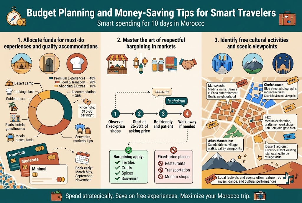 Aspect ratio 3:2, full-bleed infographic illustration, clean professional travel style, wide horizontal layout with 3 main content panels across the page and a strong header band at the top. Use warm Moroccan palette: deep teal, desert sand, terracotta, saffron, cobalt blue, white accents. Modern sans-serif bold headline, smaller readable body text, clear visual hierarchy, flat vector icons, subtle map patterns and mosaic accents.
TOP HEADER: large bold title centered in a teal banner with a small compass and suitcase icon. Exact text: "Budget Planning and Money-Saving Tips for Smart Travelers" and smaller subtitle beneath: "Smart spending for 10 days in Morocco"
LEFT PANEL: "1. Allocate funds for must-do experiences and quality accommodations" with icon row of a desert tent, riad doorway, and chef hat. Include a horizontal budget bar chart or donut chart labeled exactly:
- "Premium Experiences — 40%"
- "Accommodation — 30%"
- "Food & Transport — 20%"
- "Shopping & Extras — 10%"
Add small labels with icons:
- "Desert camp"
- "Cooking class"
- "Guided tours"
- "Riads, hotels, guesthouses"
- "Meals, buses, taxis"
- "Souvenirs, markets, tips"
Include a small price tag note near accommodation: "$15-30 per night"
Include a small calendar badge: "Book early: March-May, September-November"
Use layered cards showing "Premium", "Moderate", "Minimal" spending tiers with coin icons.
CENTER PANEL: "2. Master the art of respectful bargaining in markets" with souk market stall icon, hanging lanterns, spice jars, textiles, and a handshake icon. Show a simple 4-step negotiation flow with numbered circles:
1. "Observe fixed-price shops"
2. "Start at 25-30% of asking price"
3. "Be friendly and patient"
4. "Walk away if needed"
Add small speech bubbles with exact phrases:
"shukran"
"la shukran"
Include a small green check list for where bargaining applies:
"Textiles"
"Crafts"
"Spices"
"Souvenirs"
Add a small red no-symbol list for fixed-price places:
"Restaurants"
"Transportation"
"Modern shops"
RIGHT PANEL: "3. Identify free cultural activities and scenic viewpoints" with icons of a blue-painted street, mountain peak, mosque silhouette, and stars. Use a city grid with small illustrated blocks:
- "Marrakech: Medina walks, Jemaa el-Fnaa entertainment, Gueliz neighborhood"
- "Chefchaouen: Blue street photography, mountain hikes, Spanish Mosque viewpoint"
- "Fez: Medina exploration, craftsmen workshops, Bab Boujloud gate area"
- "Atlas Mountains: Scenic drives, village walks, valley viewpoints"
- "Desert regions: Sunrise/sunset viewing, star gazing, Berber village visits"
Add small free-ticket icons and a festival/music note strip near the bottom with exact text: "Local festivals and events often feature free music, dance, and cultural performances"
BOTTOM FOOTER STRIP: a thin horizontal summary band with an icon of a wallet, map pin, and camera. Exact text: "Spend strategically. Save on free experiences. Maximize your Morocco trip."
Maintain balanced spacing, crisp vector lines, readable typography, and no photo realism.