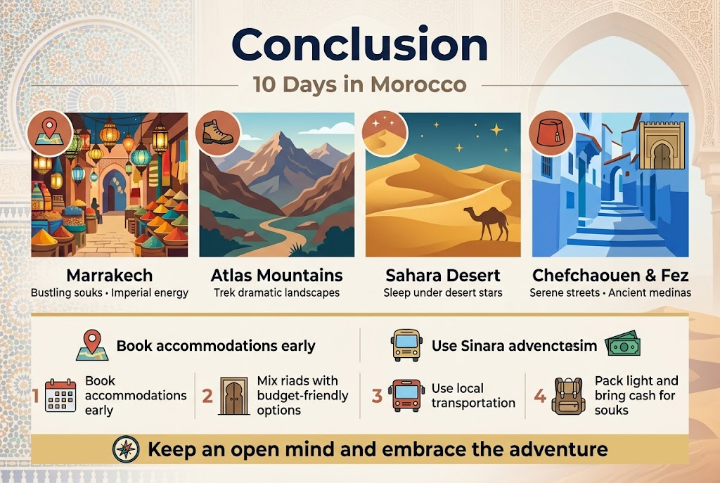 Create a full-bleed landscape infographic in aspect ratio 3:2 with a clean, professional travel-magazine style. Use a warm Moroccan color palette of terracotta, sand, deep blue, teal, and gold, with elegant modern sans-serif fonts and bold hierarchy.
Top center: large bold title text in dark navy, "Conclusion". Beneath it, a smaller subtitle in warm gray, "10 Days in Morocco".
Use a wide horizontal layout with four main destination blocks across the center, each with a distinct icon and short label:
1) Left block: a vibrant Marrakech souk scene with lanterns, spices, market stalls, and a small map-pin icon; text: "Marrakech" and "Bustling souks • Imperial energy"
2) Second block: rugged Atlas Mountains with layered peaks, a hiking boot icon, and winding trail; text: "Atlas Mountains" and "Trek dramatic landscapes"
3) Third block: a golden Sahara desert scene with dunes, a camel silhouette, and stars in the sky; text: "Sahara Desert" and "Sleep under desert stars"
4) Right block: blue-painted alleyways of Chefchaouen and an ancient Fez medina gate icon; text: "Chefchaouen & Fez" and "Serene streets • Ancient medinas"
Below these blocks, add a wide planning tips section with four numbered points in two columns, each with a simple icon:
1. A calendar icon next to "Book accommodations early"
2. A riad door icon next to "Mix riads with budget-friendly options"
3. A bus icon next to "Use local transportation"
4. A backpack and cash icon next to "Pack light and bring cash for souks"
At the bottom, include a bold closing statement in a highlighted band with a compass or star icon: "Keep an open mind and embrace the adventure"
Add subtle background details of Moroccan mosaic patterns, faint arches, and desert textures without clutter. Keep all text crisp and readable, with strong spacing, clear section dividers, and a polished editorial infographic composition.