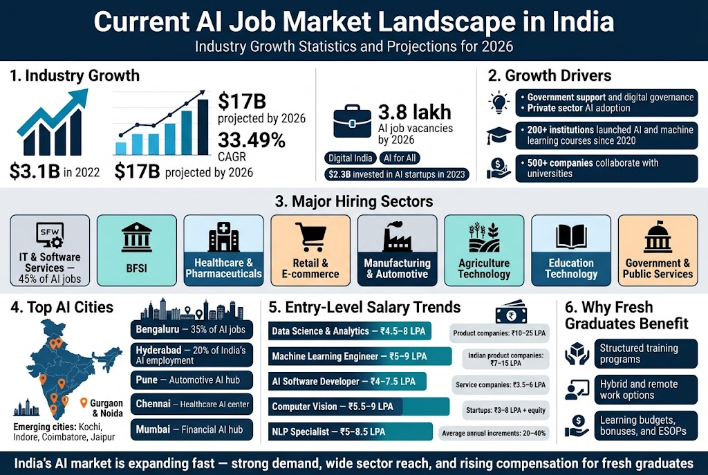Create a full-bleed professional infographic in 3:2 aspect ratio, clean modern corporate style, white background with blue, teal, navy, and orange accents, bold sans-serif typography, strong visual hierarchy, wide horizontal layout with multiple sections and icons, no frame, no poster border.

Top header across full width:
Large bold title: "Current AI Job Market Landscape in India"
Smaller subtitle below: "Industry Growth Statistics and Projections for 2026"

Section 1 on the upper left and center with a large upward growth chart icon and a line/bar chart:
Heading: "1. Industry Growth"
Include three bold metric callouts:
"$3.1B in 2022"
"$17B projected by 2026"
"33.49% CAGR"
Add a second metric block with a briefcase icon:
"3.8 lakh AI job vacancies by 2026"
Small supporting labels:
"Digital India"
"AI for All"
"$2.3B invested in AI startups in 2023"

Section 2 on the upper right with a lightbulb, university cap, and investment icons:
Heading: "2. Growth Drivers"
Use three compact bullet blocks:
"Government support and digital governance"
"Private sector AI adoption"
"200+ institutions launched AI and machine learning courses since 2020"
"40% increase in AI specialization enrollment"
"500+ companies collaborate with universities"

Middle wide section with a row of seven sector cards, each with a clear icon and bold sector label:
Heading: "3. Major Hiring Sectors"
Cards labeled:
"IT & Software Services — 45% of AI jobs"
"BFSI"
"Healthcare & Pharmaceuticals"
"Retail & E-commerce"
"Manufacturing & Automotive"
"Agriculture Technology"
"Education Technology"
"Government & Public Services"

Lower left section with a map of India or city skyline icons and location pins:
Heading: "4. Top AI Cities"
Use five city blocks with bold labels and small percentage or descriptor text:
"Bengaluru — 35% of AI jobs"
"Hyderabad — 20% of India’s AI employment"
"Pune — Automotive AI hub"
"Chennai — Healthcare AI center"
"Mumbai — Financial AI hub"
Smaller side note:
"Gurgaon & Noida"
"Emerging cities: Kochi, Indore, Coimbatore, Jaipur"

Lower center section with salary bars and currency icon:
Heading: "5. Entry-Level Salary Trends"
Use horizontal bar chart style with labels:
"Data Science & Analytics — ₹4.5–8 LPA"
"Machine Learning Engineer — ₹5–9 LPA"
"AI Software Developer — ₹4–7.5 LPA"
"Computer Vision — ₹5.5–9 LPA"
"NLP Specialist — ₹5–8.5 LPA"
Add small comparison chips:
"Product companies: ₹10–25 LPA"
"Indian product companies: ₹7–15 LPA"
"Service companies: ₹3.5–6 LPA"
"Startups: ₹3–8 LPA + equity"
"Average annual increments: 20–40%"

Lower right section with benefit and career icons:
Heading: "6. Why Fresh Graduates Benefit"
Include three concise callouts:
"Structured training programs"
"Hybrid and remote work options"
"Learning budgets, bonuses, and ESOPs"
Add a final bold banner at the bottom:
"India’s AI market is expanding fast — strong demand, wide sector reach, and rising compensation for fresh graduates"

Use icons for each section: upward graph, briefcase, government building, university cap, bank, hospital, shopping cart, factory, crop, book, city skyline, rupee symbol, salary bars, trophy, laptop. Keep all text crisp and readable, evenly spaced, aligned in a wide multi-column layout, with clean infographic blocks and subtle dividers.