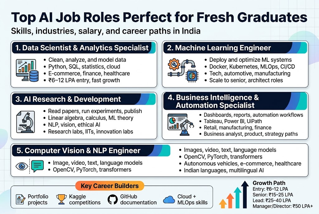 Create a clean, professional full-bleed infographic in 3:2 landscape aspect ratio with a modern tech style, white background, dark navy headings, teal and blue accents, orange highlights, and subtle grid/gradient shapes. Use bold sans-serif typography and clear visual hierarchy.

Top banner across the full width with large bold title text: "Top AI Job Roles Perfect for Fresh Graduates" and a smaller subtitle beneath: "Skills, industries, salary, and career paths in India".

Below the title, organize the infographic into 5 wide horizontal sections or 2-row multi-column blocks with icons, using numbered role cards and compact bullet text.

Section 1: "1. Data Scientist & Analytics Specialist" with an icon of a bar chart and database. Include 4 short bullets:
"Clean, analyze, and model data"
"Python, SQL, statistics, cloud"
"E-commerce, finance, healthcare"
"₹6–12 LPA entry, fast growth"

Section 2: "2. Machine Learning Engineer" with an icon of a gear, pipeline, and model chip. Include 4 short bullets:
"Deploy and optimize ML systems"
"Docker, Kubernetes, MLOps, CI/CD"
"Tech, automotive, manufacturing"
"Scale to senior, architect roles"

Section 3: "3. AI Research & Development" with an icon of a microscope and paper. Include 4 short bullets:
"Read papers, run experiments, publish"
"Linear algebra, calculus, ML theory"
"NLP, vision, ethical AI"
"Research labs, IITs, innovation labs"

Section 4: "4. Business Intelligence & Automation Specialist" with an icon of a dashboard and robot arm. Include 4 short bullets:
"Dashboards, reports, automation workflows"
"Tableau, Power BI, UiPath"
"Retail, manufacturing, finance"
"Business analyst, product, strategy paths"

Section 5: "5. Computer Vision & NLP Engineer" with a split icon of an eye and chat bubble. Include 4 short bullets:
"Images, video, text, language models"
"OpenCV, PyTorch, transformers"
"Autonomous vehicles, e-commerce, healthcare"
"Indian languages, multilingual AI"

Add a bottom horizontal highlight strip titled "Key Career Builders" with 4 small icon callouts:
"Portfolio projects"
"Kaggle competitions"
"GitHub documentation"
"Cloud + MLOps skills"

Add a bottom-right salary ladder graphic with upward arrows and text:
"Growth Path"
"Entry: ₹6–12 LPA"
"Senior: ₹15–25 LPA"
"Lead: ₹25–40 LPA"
"Manager/Director: ₹50 LPA+"

Use neat card borders, consistent spacing, and small illustrative icons beside each section title. Keep text crisp and readable, balanced across the wide layout, with no narrow vertical poster composition.