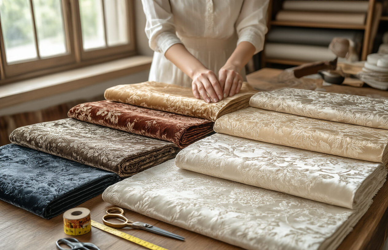 Create a realistic image of luxurious curtain fabric samples displayed on a wooden table showing fine textures and rich colors, with skilled hands of a white female craftsperson carefully examining the quality of premium velvet and silk materials, professional tailoring tools including measuring tape and fabric scissors arranged nearby, warm natural lighting from a window illuminating the intricate weave patterns and superior fabric quality, elegant workshop setting with rolls of high-end curtain materials in the background, absolutely NO text should be in the scene.