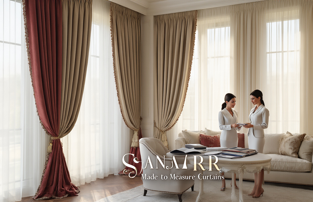 Create a realistic image of an elegant living room interior showcasing beautiful made-to-measure curtains hanging on large windows, with luxurious fabric textures in rich colors, perfectly fitted window treatments, a white female interior designer in professional attire consulting with fabric samples on a nearby table, warm natural lighting streaming through the curtains creating a sophisticated ambiance, and the text "SANJARR Made to Measure Curtains" prominently displayed in elegant typography overlaying the scene.