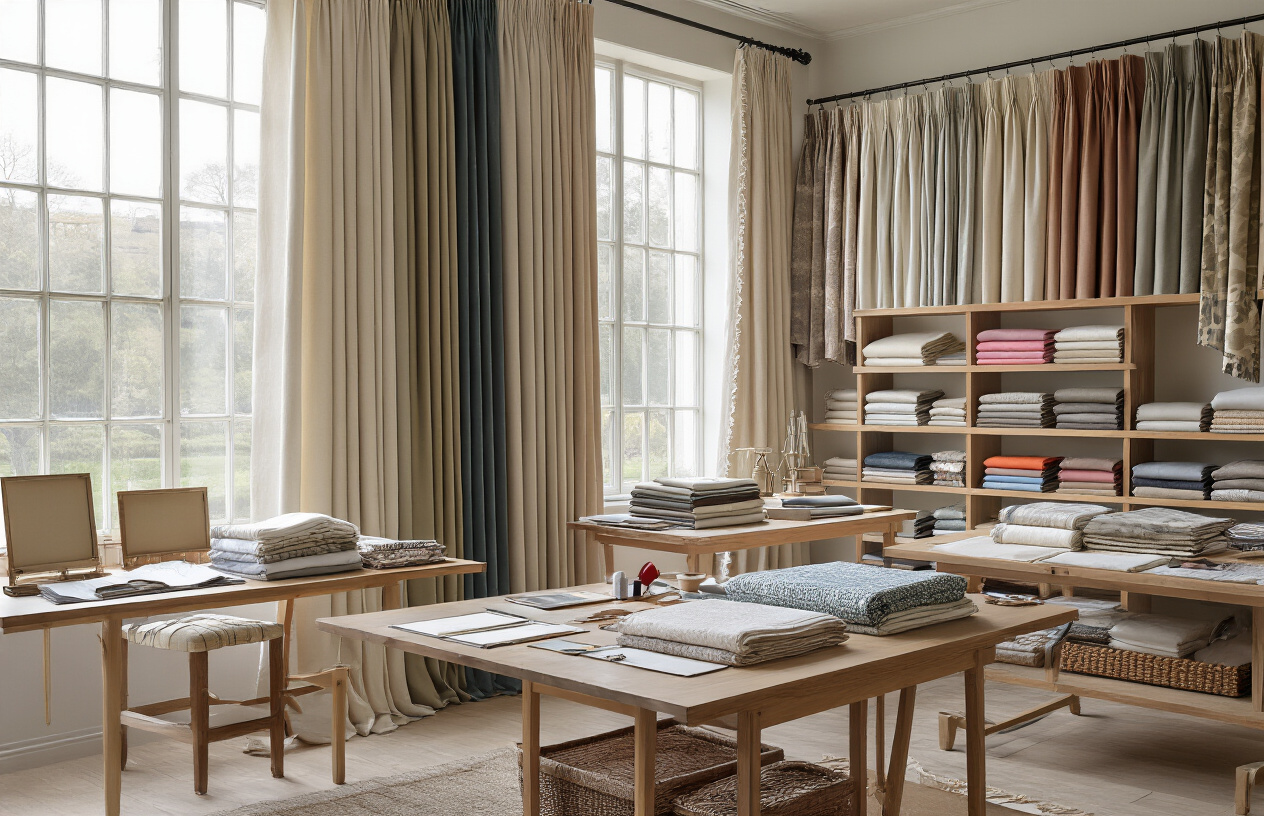 Create a realistic image of an elegant interior design showroom displaying a wide variety of custom curtain samples and fabric swatches arranged on wooden display tables and hanging rods, featuring different textures, patterns, colors and styles including silk, velvet, linen and cotton materials in various hues from neutral tones to bold colors, with measuring tools, fabric scissors and design books scattered on the surfaces, soft natural lighting streaming through large windows creating an inviting atmosphere that showcases the extensive customization possibilities, absolutely NO text should be in the scene.