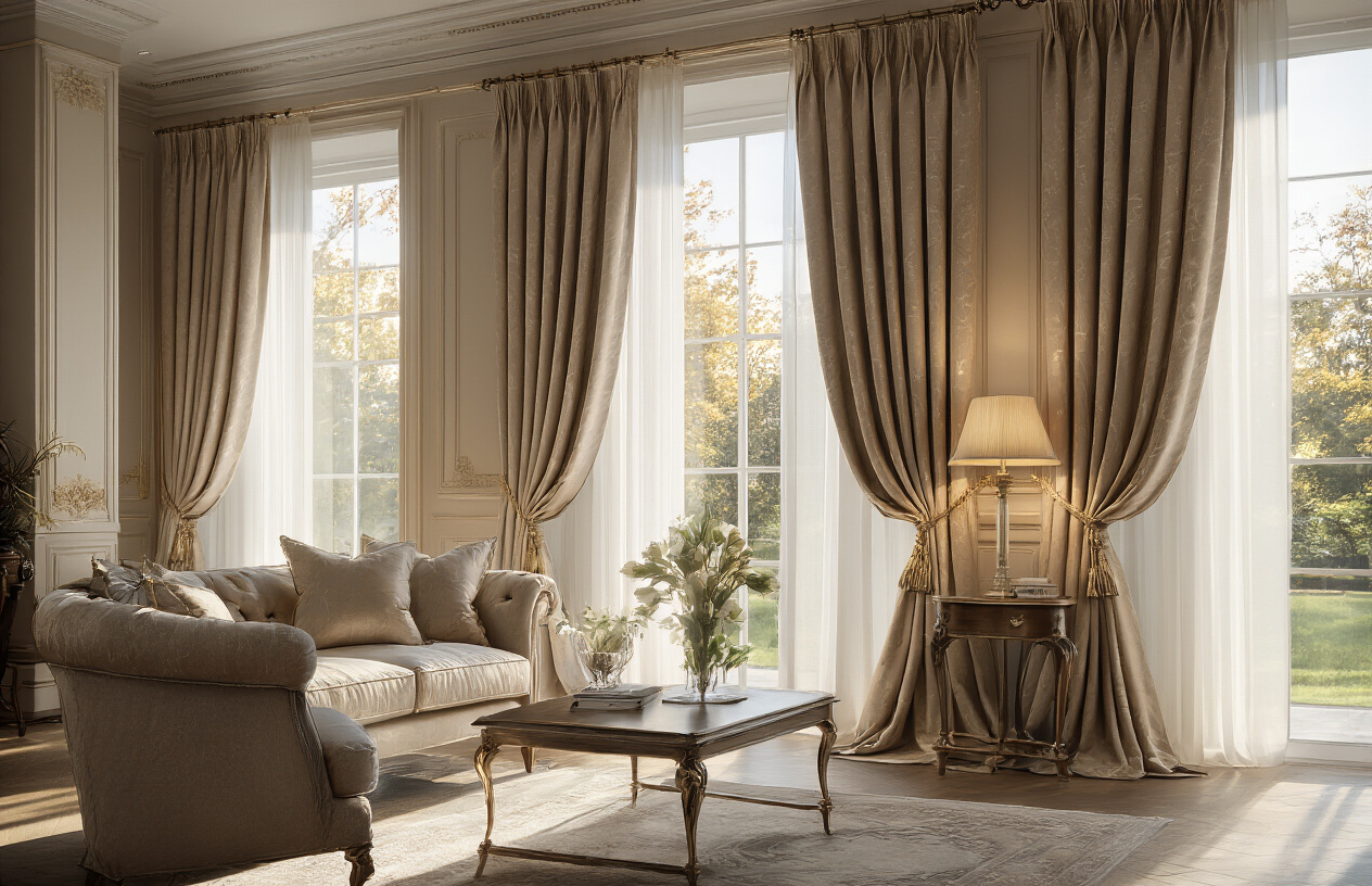 Create a realistic image of elegant, high-quality made-to-measure curtains in a luxurious living room setting, featuring rich fabric textures and perfect tailoring, with sunlight streaming through the windows highlighting the curtains' superior craftsmanship, expensive furniture and decor in the background suggesting long-term investment value, warm ambient lighting creating an upscale atmosphere that emphasizes quality and durability, absolutely NO text should be in the scene.
