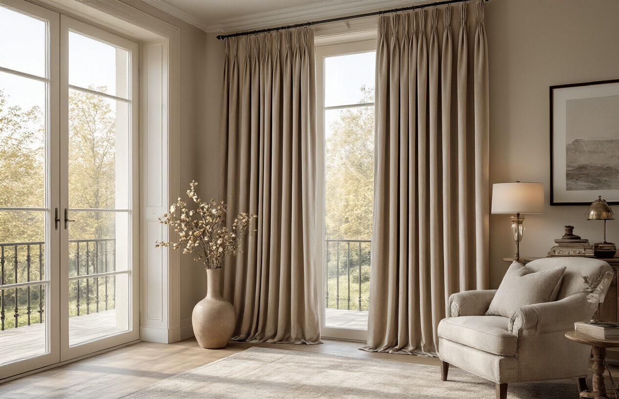 Create a realistic image of elegant made-to-measure curtains hanging in a sophisticated living room, featuring rich fabric textures with precise pleating and professional installation, warm natural lighting streaming through the window creating a luxurious ambiance, showcasing the quality craftsmanship and perfect fit that represents SANJARR's premium curtain services, with tasteful furniture and decor in the background, absolutely NO text should be in the scene.