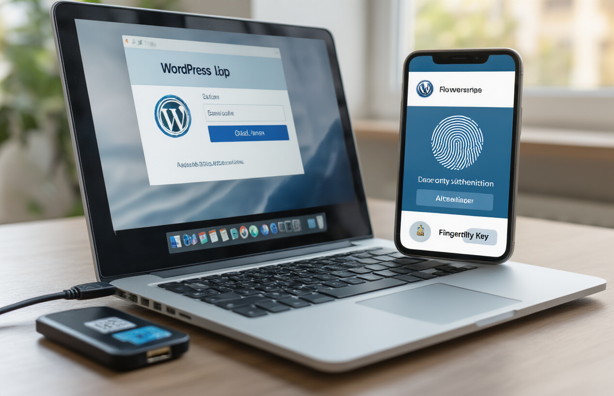 Create a realistic image of a close-up view of a laptop computer screen displaying a WordPress login interface with two-factor authentication elements visible, including a smartphone lying beside the laptop showing an authentication app with a security code, a USB security key plugged into the laptop, and a fingerprint scanner integrated into the laptop, set on a modern office desk with soft natural lighting from a window, emphasizing cybersecurity and digital protection through multiple authentication layers, absolutely NO text should be in the scene.
