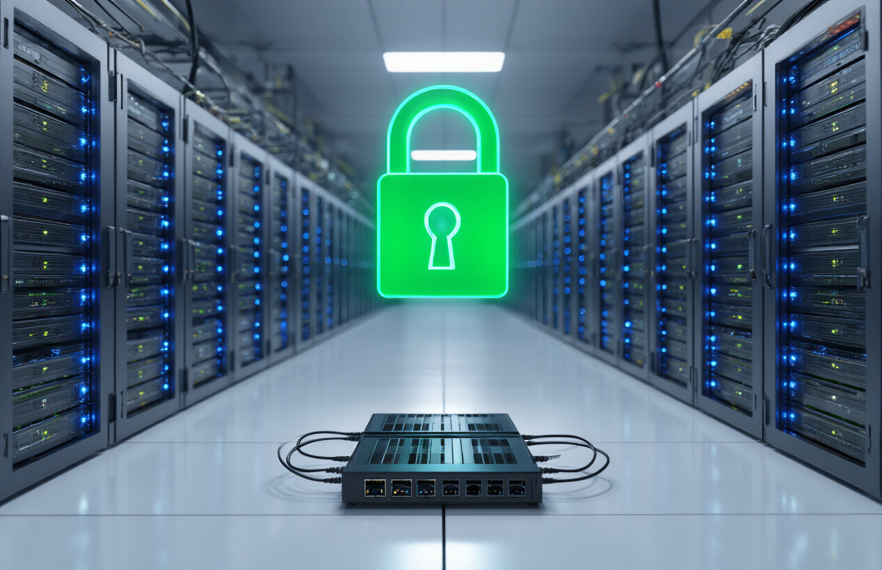 Create a realistic image of a modern server rack with blue LED lights in a professional data center, featuring a prominent green SSL padlock icon floating above the servers, with ethernet cables neatly organized, clean white background with soft ambient lighting, conveying security and reliability in web hosting infrastructure, absolutely NO text should be in the scene.