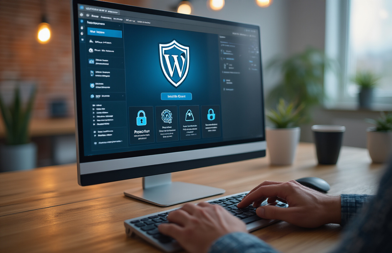 Create a realistic image of a close-up view of a computer monitor displaying the WordPress admin dashboard with the plugins installation page open, showing security plugin icons and installation buttons, with a person's hands typing on a keyboard in the foreground, modern office desk setup with clean lighting, professional workspace atmosphere, focus on the screen showing plugin management interface with shield and lock icons visible, warm ambient lighting from the side, absolutely NO text should be in the scene.