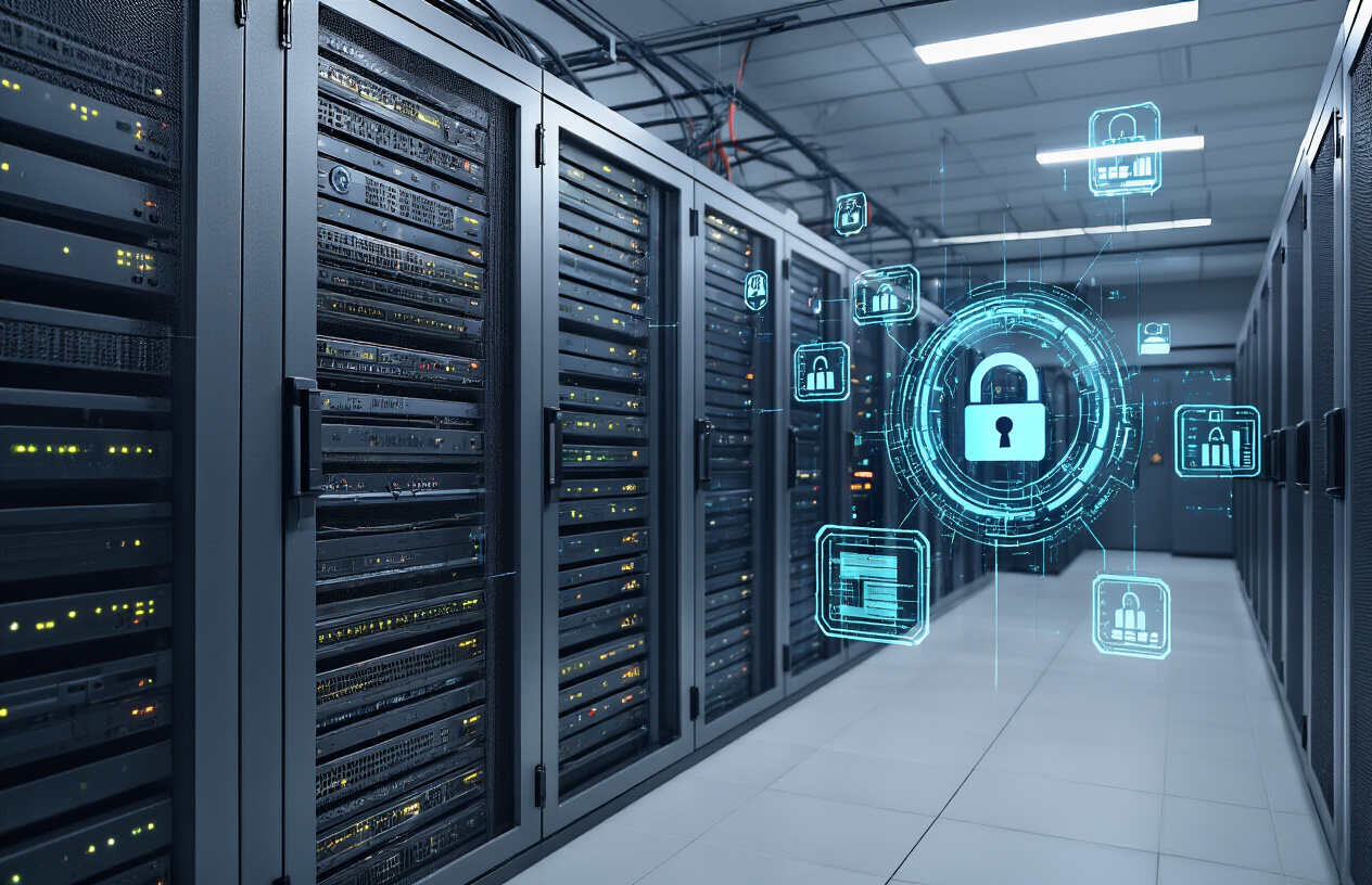 Create a realistic image of a computer server room with multiple database servers and file storage systems, featuring secure metal server racks with locked panels, organized cable management, and glowing status lights indicating active security monitoring, set against a clean modern data center environment with proper ventilation and professional lighting, showing digital security elements like encryption symbols and firewall icons floating subtly around the hardware, absolutely NO text should be in the scene.