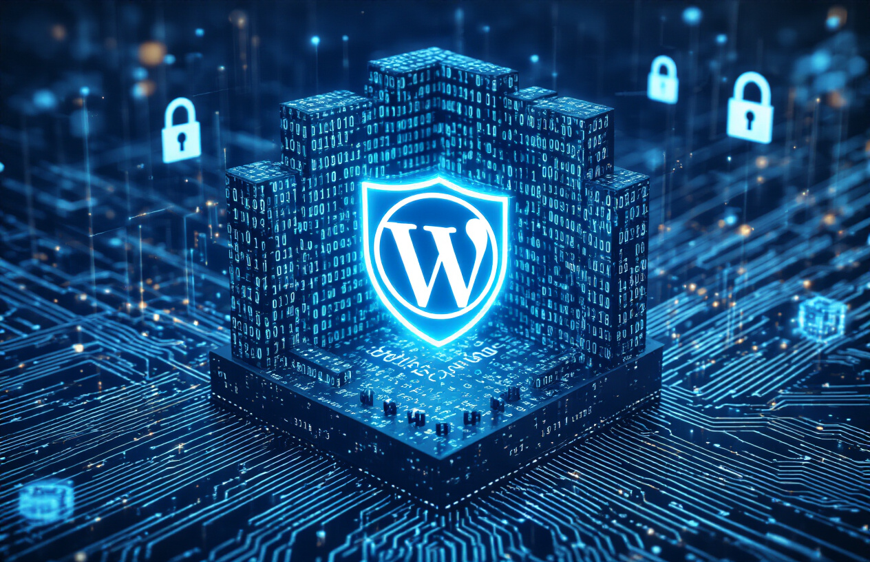 Create a realistic image of a secure digital fortress-like structure made of code and binary numbers forming protective walls around a glowing WordPress logo shield in the center, with cybersecurity elements like digital locks, encrypted data streams, and firewall barriers surrounding it, set against a dark blue technological background with subtle circuit patterns and soft blue lighting emanating from the protected WordPress core, conveying a sense of complete digital security and protection, absolutely NO text should be in the scene.