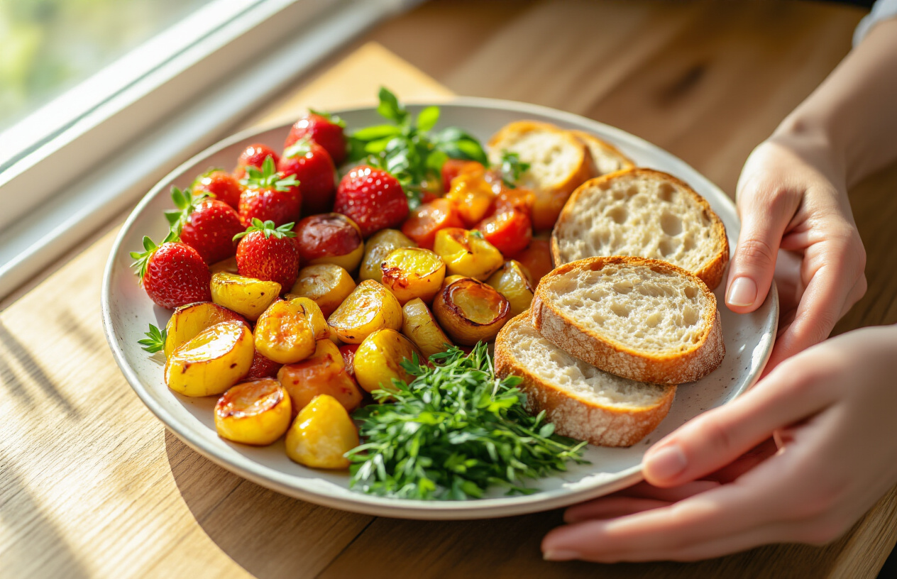Create a realistic image of a close-up view of a beautifully arranged plate of colorful fresh food including vibrant red strawberries, golden roasted vegetables, green herbs, and artisanal bread, with a person's hands gently hovering near the plate as if about to touch or smell the food, soft natural lighting streaming from a window creating warm shadows, kitchen or dining table setting with wooden surface, emphasis on textures and rich colors that appeal to multiple senses, peaceful and contemplative atmosphere suggesting mindful appreciation of food, absolutely NO text should be in the scene.