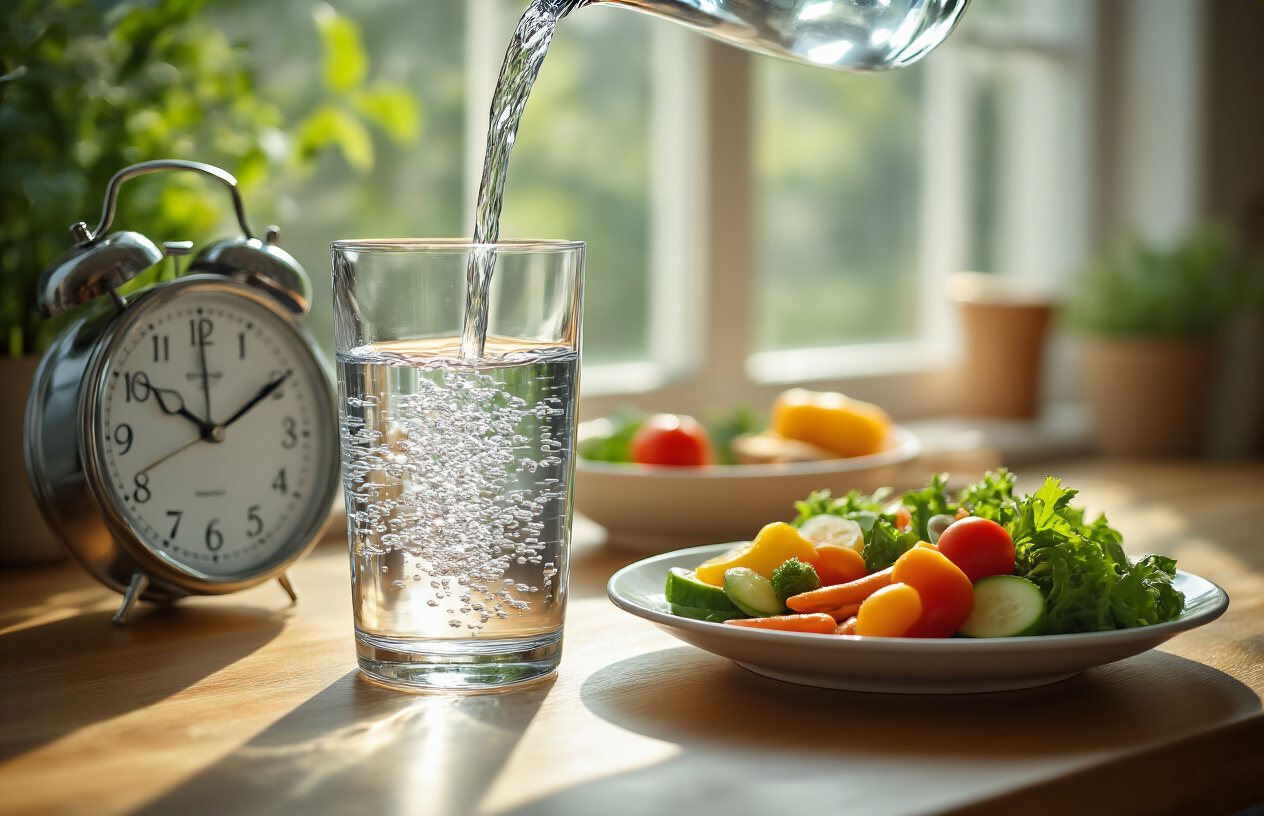 Create a realistic image of a clear glass of water being poured from a transparent pitcher next to a healthy meal on a wooden dining table, with a clock showing meal time in the background, natural daylight streaming through a window creating soft shadows, emphasizing the connection between proper hydration timing and digestive health, with fresh vegetables and a balanced plate visible, creating a calm and health-focused atmosphere, absolutely NO text should be in the scene.