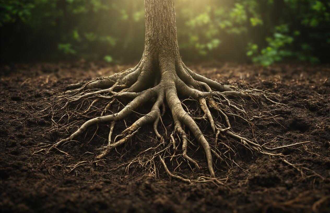Create a realistic image of a close-up view of tangled roots from multiple trees intertwining underground in dark, rich soil, with some roots appearing stressed or withered while others remain healthy, soft natural lighting filtering down from above creating dramatic shadows, symbolizing the complex interconnected causes of burnout, earthy brown and deep amber tones dominating the scene, absolutely NO text should be in the scene.