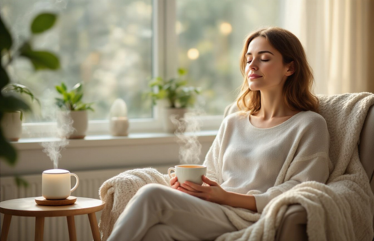 Create a realistic image of a peaceful indoor scene showing a white female professional in her 30s sitting in a comfortable chair taking deep breaths with her eyes closed, surrounded by calming elements like a steaming cup of herbal tea on a side table, a soft throw blanket, an essential oil diffuser releasing gentle mist, and a small potted plant on a windowsill with natural daylight streaming in, creating a serene atmosphere that conveys immediate stress relief and mindful relaxation, with warm and soft lighting throughout the cozy space, absolutely NO text should be in the scene.