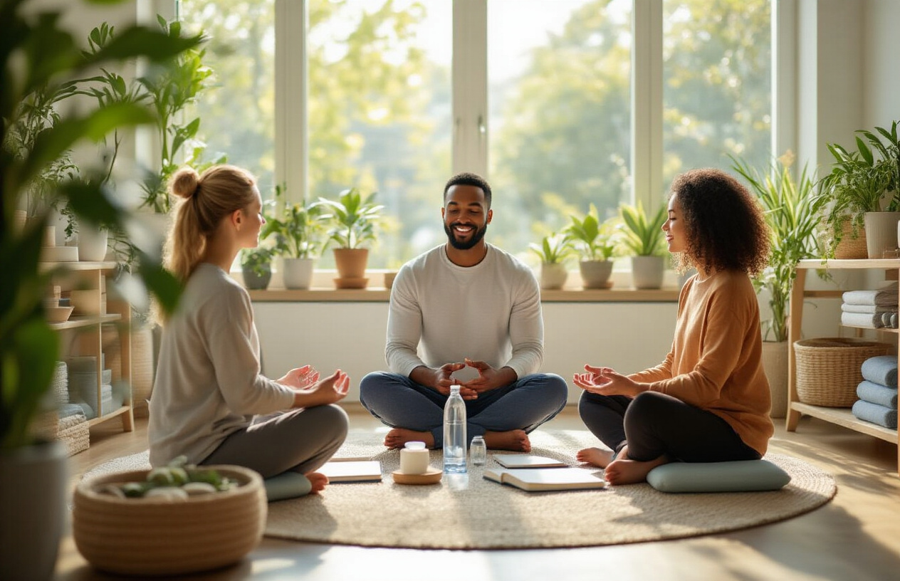 Create a realistic image of a diverse group of people including a white female, black male, and Asian female sitting in a circle in a bright, modern wellness center, engaging in a mindful discussion while surrounded by organized wellness tools like journals, water bottles, plants, and exercise equipment neatly arranged on shelves, with natural sunlight streaming through large windows creating a calm and sustainable atmosphere, conveying long-term planning and systematic approach to well-being. Absolutely NO text should be in the scene.
