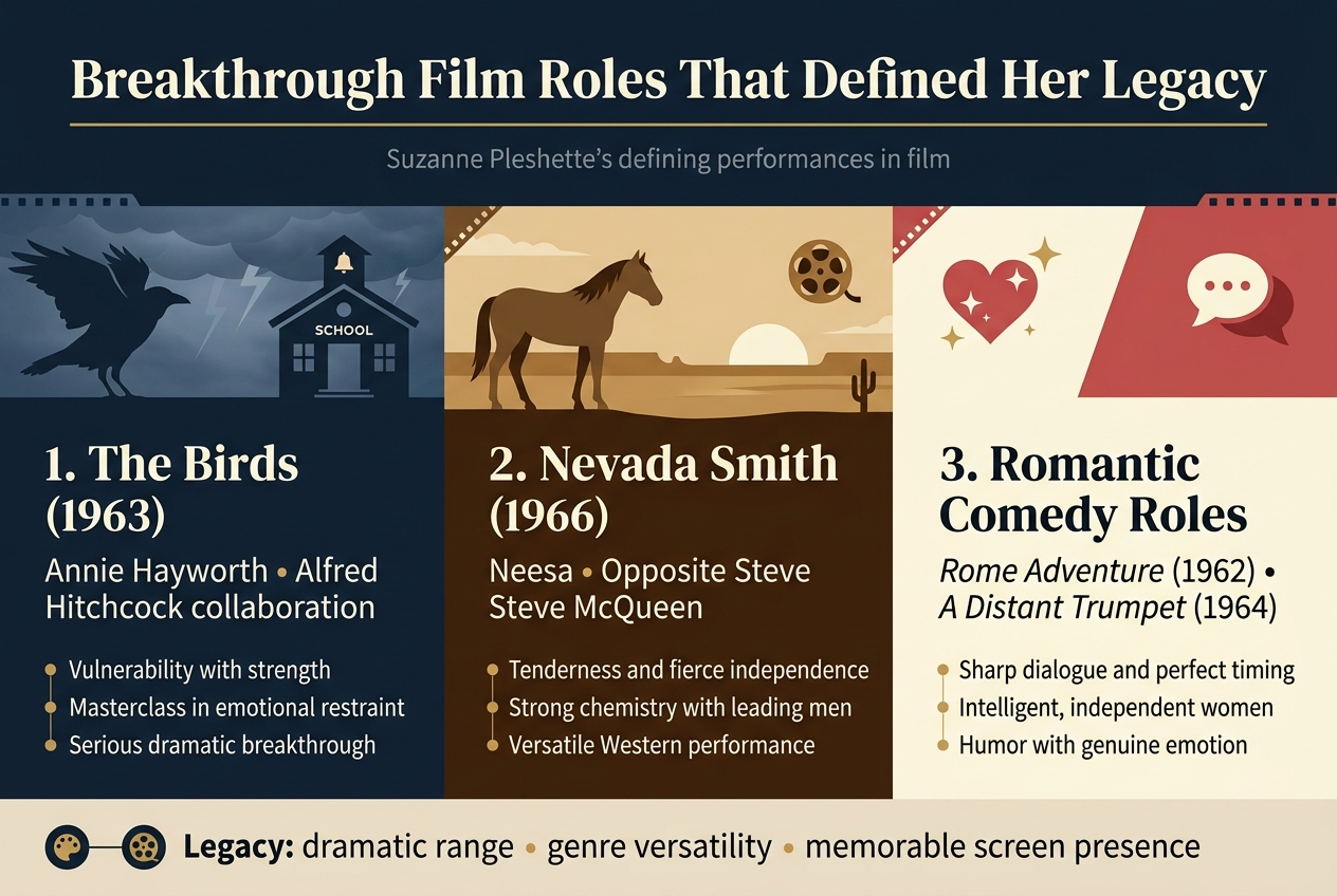 Create a full-bleed professional infographic illustration in a 3:2 aspect ratio with a clean cinematic biography style. Use a deep navy, cream, gold, and muted red color palette with elegant sans-serif fonts and bold section headers. Place a large title across the top: "Breakthrough Film Roles That Defined Her Legacy". Under the title, add a thin gold divider line and a small subtitle in lighter text: "Suzanne Pleshette's defining performances in film". 

Use a wide 3-column horizontal layout across the page, with each column as a distinct feature block containing an icon, a bold numbered heading, and short supporting text. Keep all text crisp and readable.

Left section:
A dark blue panel with a silhouette of a Hitchcock-style bird, a schoolhouse icon, and a subtle stormy sky background. Heading text: "1. The Birds (1963)". Body text: "Annie Hayworth • Alfred Hitchcock collaboration". Add 3 small bullet lines with gold markers:
"• Vulnerability with strength"
"• Masterclass in emotional restraint"
"• Serious dramatic breakthrough"

Center section:
A warm sepia western panel with a horse, desert horizon, and a small film reel icon. Heading text: "2. Nevada Smith (1966)". Body text: "Neesa • Opposite Steve McQueen". Add 3 small bullet lines with gold markers:
"• Tenderness and fierce independence"
"• Strong chemistry with leading men"
"• Versatile Western performance"

Right section:
A bright cream-and-red romantic comedy panel with a sparkling heart icon and a speech bubble icon. Heading text: "3. Romantic Comedy Roles". Body text: "Rome Adventure (1962) • A Distant Trumpet (1964)". Add 3 small bullet lines with gold markers:
"• Sharp dialogue and perfect timing"
"• Intelligent, independent women"
"• Humor with genuine emotion"

Along the bottom, add a wide summary band with three small circular icons connected by a thin line, and the text: "Legacy: dramatic range • genre versatility • memorable screen presence". Use subtle film-strip accents, clean spacing, and balanced margins. Avoid clutter. Make the infographic polished, modern, and easy to scan.