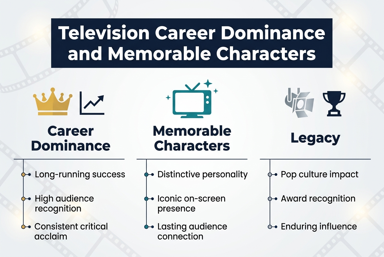 Create a clean professional infographic in a 3:2 landscape aspect ratio with a full-bleed layout, no frame, no inset margins. Use a modern editorial style with navy blue, teal, gold, white, and light gray. Use bold sans-serif typography for the main heading and smaller sans-serif text for labels. 

Top center: large bold heading in white text on a dark navy banner, exactly: "Television Career Dominance and Memorable Characters"

Below the heading, arrange three wide horizontal sections across the page in a balanced multi-column layout with clear spacing:

1) Left section: a gold crown icon and a small upward trend line icon above the title text in bold: "Career Dominance"
   Under it, three short bullet lines with circular markers:
   "Long-running success"
   "High audience recognition"
   "Consistent critical acclaim"

2) Center section: a teal TV screen icon with star accents above the title text in bold: "Memorable Characters"
   Under it, three short bullet lines with circular markers:
   "Distinctive personality"
   "Iconic on-screen presence"
   "Lasting audience connection"

3) Right section: a silver spotlight icon and a trophy icon above the title text in bold: "Legacy"
   Under it, three short bullet lines with circular markers:
   "Pop culture impact"
   "Award recognition"
   "Enduring influence"

Add a subtle background pattern of faint film strips and soft glow accents. Use clean divider lines between sections, strong visual hierarchy, and evenly aligned text blocks.