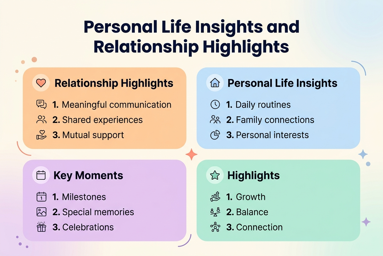 Create a full-bleed 3:2 horizontal infographic illustration with a clean modern professional style, soft cream background with subtle pastel gradients, navy and coral accents, and crisp sans-serif typography.

At the top center, place a large bold heading in dark navy text:
"Personal Life Insights and Relationship Highlights"

Below the heading, arrange four wide rounded rectangular sections in a balanced 2x2 grid across the page, using clear spacing and multi-column layout.

Top left section:
A warm peach card with a small heart icon and the title "Relationship Highlights"
Include three numbered bullet points with small icons:
1. "Meaningful communication"
2. "Shared experiences"
3. "Mutual support"

Top right section:
A light blue card with a home icon and the title "Personal Life Insights"
Include three numbered bullet points with small icons:
1. "Daily routines"
2. "Family connections"
3. "Personal interests"

Bottom left section:
A soft lavender card with a calendar icon and the title "Key Moments"
Include three numbered bullet points with small icons:
1. "Milestones"
2. "Special memories"
3. "Celebrations"

Bottom right section:
A mint green card with a star icon and the title "Highlights"
Include three numbered bullet points with small icons:
1. "Growth"
2. "Balance"
3. "Connection"

Use clear visual hierarchy with bold section headings, smaller readable bullet text, and simple line icons. Add subtle decorative shapes like dots, curved lines, and small sparkles around the sections for a polished infographic look. Keep the layout wide, open, and uncluttered.