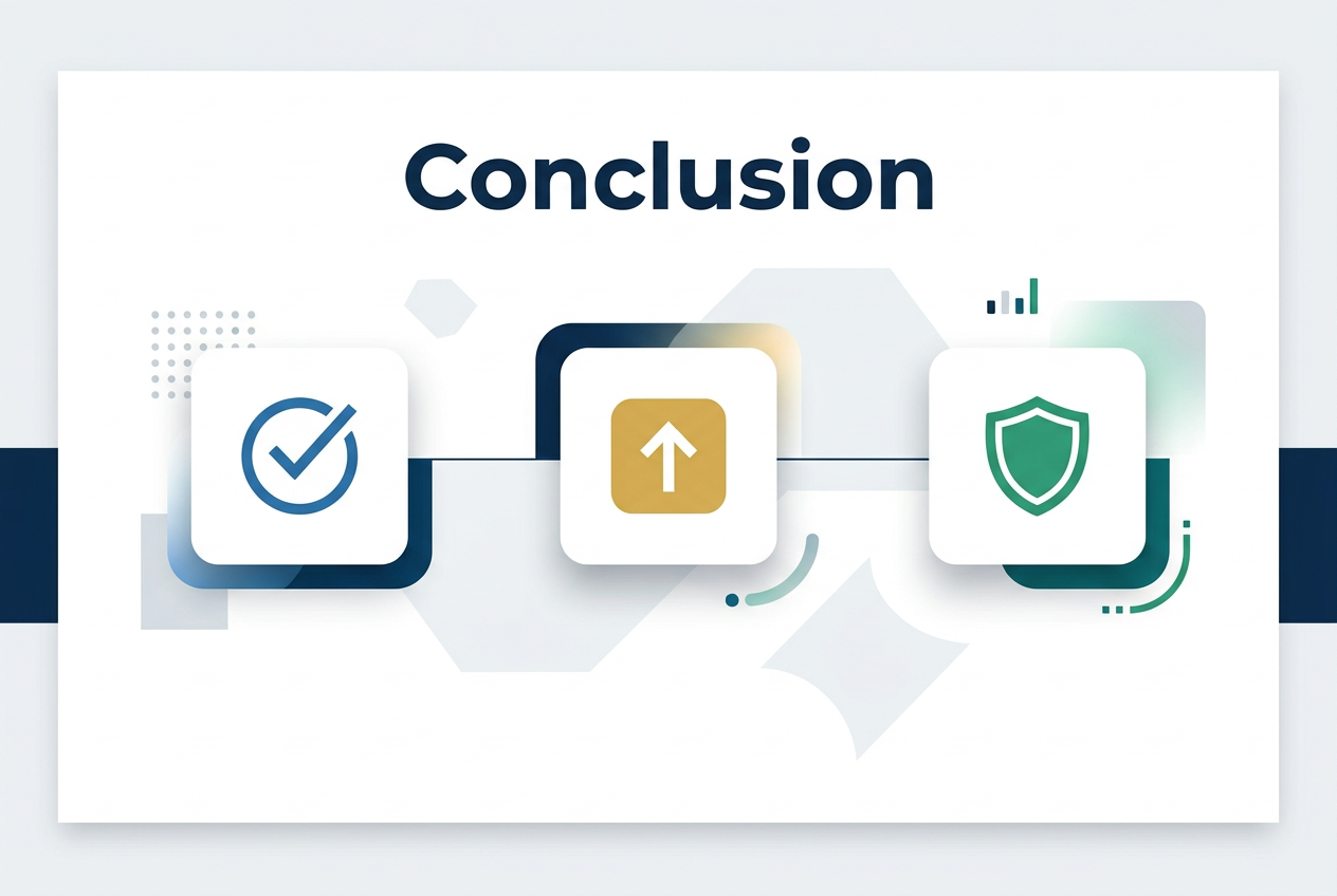 Full-bleed 3:2 infographic illustration, clean professional corporate style, white background with deep navy and teal accents, subtle light gray geometric shapes and soft gradient highlights. Large bold heading at the top center reading "Conclusion" in a modern sans-serif font. Wide horizontal layout with three balanced visual blocks across the middle: left block with a blue circular checkmark icon, center block with a gold upward arrow icon inside a rounded square, right block with a green shield icon inside a rounded square. Thin connecting lines run horizontally between the three blocks. Minimal decorative data-style accents, soft shadows, crisp edges, lots of open space, strong visual hierarchy, no frame, no poster border, no extra text.