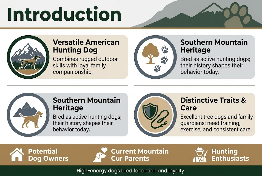 Create a full-bleed 3:2 landscape infographic with a clean professional layout, modern sans-serif fonts, and a color palette of deep forest green, warm tan, slate gray, and white accents. Place a bold top header spanning the width: "Introduction" in large dark green text, with a subtle mountain silhouette and dog paw motif behind it.Below the header, arrange three wide horizontal content blocks across the center in a balanced multi-column layout, each with a large circular icon on the left and text on the right:1) Left block with a rugged mountain and hunting dog icon. Heading text: "Versatile American Hunting Dog". Body text: "Combines rugged outdoor skills with loyal family companionship."2) Center block with a tree and tracking pawprints icon. Heading text: "Southern Mountain Heritage". Body text: "Bred as active hunting dogs; their history shapes their behavior today."3) Right block with a shield and training leash icon. Heading text: "Distinctive Traits & Care". Body text: "Excellent tree dogs and family guardians; need training, exercise, and consistent care."At the bottom, add a wide banner with three small labeled audience icons spaced evenly: a home icon with text "Potential Dog Owners", a dog-and-heart icon with text "Current Mountain Cur Parents", and a hunter icon with text "Hunting Enthusiasts". Add a short footer line centered in smaller text: "High-energy dogs bred for action and loyalty."Use clear hierarchy with bold headings, smaller supporting text, and tidy alignment. Include subtle line dividers between sections, rounded cards, and enough negative space for readability. No frame or poster border.