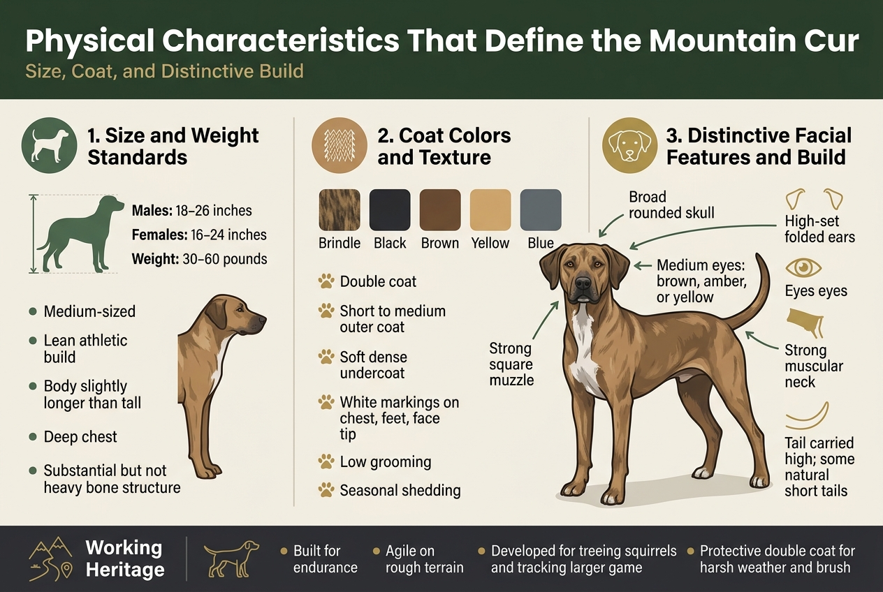 Create a clean, professional full-bleed infographic illustration in a 3:2 aspect ratio about a dog breed, with a bold top title in large modern sans-serif font: "Physical Characteristics That Define the Mountain Cur". Use a wide horizontal layout with three main content panels across the page, plus a small bottom strip for quick facts. Color palette: earthy forest green, warm tan, dark charcoal, muted gold, and off-white background accents. Use clear section headers, numbered points, simple line icons, and subtle dividers. Include a realistic illustrated Mountain Cur dog in the center or slightly right of center as the main visual anchor, surrounded by labeled callouts.Top section: a wide title bar with the heading and a small subtitle in smaller text: "Size, Coat, and Distinctive Build".Left panel titled "1. Size and Weight Standards" with a standing dog silhouette icon and a scale icon. Show a simple height range graphic for males and females:
"Males: 18&ndash;26 inches"
"Females: 16&ndash;24 inches"
"Weight: 30&ndash;60 pounds"
Add short bullet callouts: "Medium-sized", "Lean athletic build", "Body slightly longer than tall", "Deep chest", "Substantial but not heavy bone structure".Center panel titled "2. Coat Colors and Texture" with a coat texture swatch icon and paw-print markers. Show a row of coat color swatches with labels:
"Brindle"
"Black"
"Brown"
"Yellow"
"Blue"
Add small notes: "Double coat", "Short to medium outer coat", "Soft dense undercoat", "White markings on chest, feet, face tip", "Low grooming", "Seasonal shedding".Right panel titled "3. Distinctive Facial Features and Build" with icons for head, ears, eyes, neck, and tail. Include labeled close-up callouts around the dog illustration:
"Broad rounded skull"
"Strong square muzzle"
"High-set folded ears"
"Medium eyes: brown, amber, or yellow"
"Strong muscular neck"
"Tail carried high; some natural short tails"Bottom strip across the full width titled "Working Heritage" with a mountain trail icon and hunting dog icon. Include a compact visual line:
"Built for endurance"
"Agile on rough terrain"
"Developed for treeing squirrels and tracking larger game"
"Protective double coat for harsh weather and brush"Use crisp typography, clear spacing, infographic-style labels, and neat arrows from labels to the dog illustration. Keep the design balanced and easy to read, with no frame or poster border, and no extra text beyond the specified headings and labels.