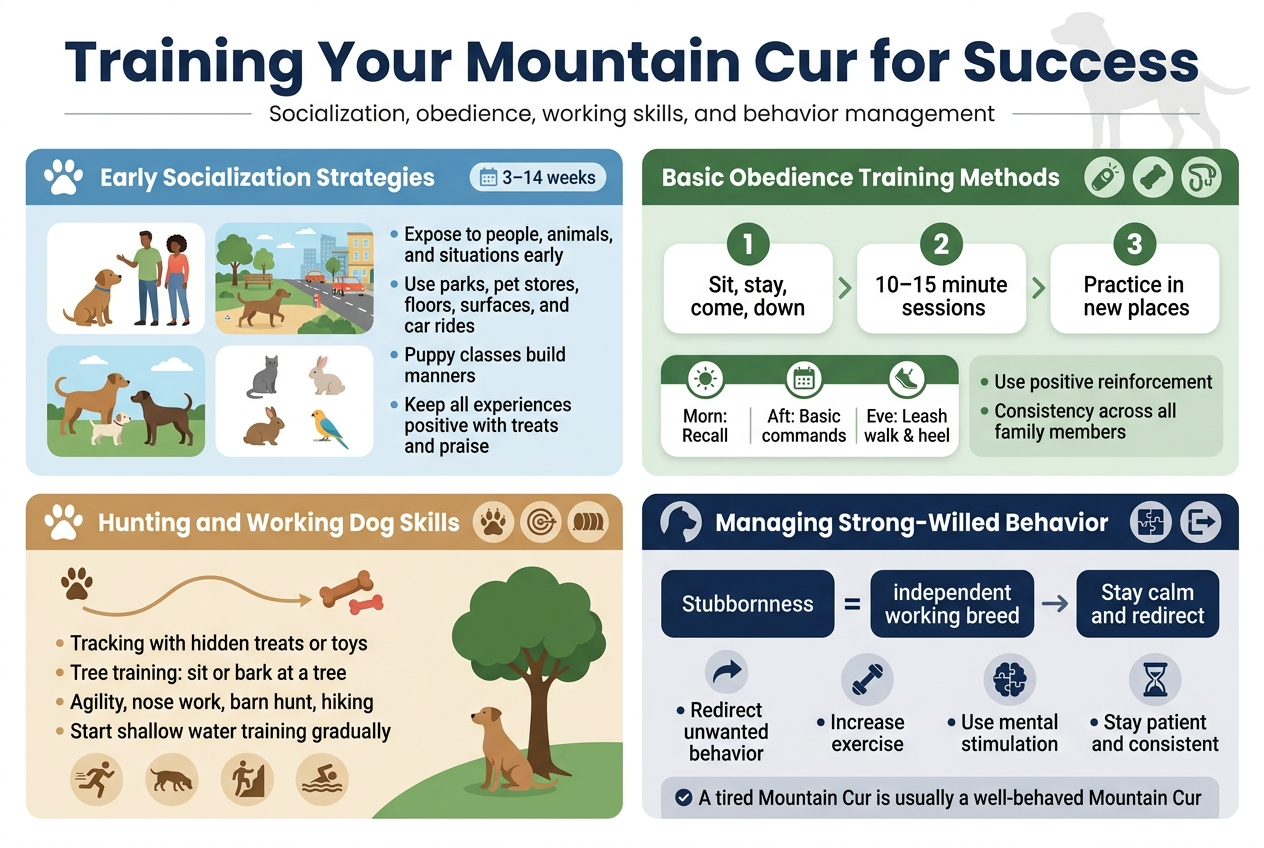 Create a full-bleed professional infographic in a clean modern flat-vector style, aspect ratio 3:2, using a wide horizontal layout with four main color-coded sections across the page and a bold title at the top. Use a navy, forest green, warm tan, and light blue palette with white background accents, crisp sans-serif fonts, strong hierarchy, and simple outlined icons.Top header across full width:
Bold title in large navy text: "Training Your Mountain Cur for Success"
Small subtitle beneath in gray: "Socialization, obedience, working skills, and behavior management"Main content arranged in four wide horizontal panels or columns with clear section headings and icons:1) Left top panel titled "Early Socialization Strategies" with a paw-print icon and small timeline badge reading "3&ndash;14 weeks"
Include four compact illustrated scenes/icons in a grid:
- puppy meeting diverse people
- dog park and busy street environment
- other dogs of different sizes
- cat, rabbit, and bird icons
Add short bullet text:
&bull; "Expose to people, animals, and situations early"
&bull; "Use parks, pet stores, floors, surfaces, and car rides"
&bull; "Puppy classes build manners"
&bull; "Keep all experiences positive with treats and praise"2) Upper middle-right panel titled "Basic Obedience Training Methods" with a clicker, treat, and leash icon
Show a 3-step training flow with numbered circles:
1. "Sit, stay, come, down"
2. "10&ndash;15 minute sessions"
3. "Practice in new places"
Add a small schedule strip with icons:
"Morn: Recall" | "Aft: Basic commands" | "Eve: Leash walk & heel"
Include a note in a highlighted box:
"Use positive reinforcement"
"Consistency across all family members"3) Lower middle-left panel titled "Hunting and Working Dog Skills" with a tracking paw, target scent trail, and agility tunnel icons
Show a scent trail line leading to treats/toy and a tree with a dog sitting at the base
Add short bullets:
&bull; "Tracking with hidden treats or toys"
&bull; "Tree training: sit or bark at a tree"
&bull; "Agility, nose work, barn hunt, hiking"
&bull; "Start shallow water training gradually"
Use action icons for running, sniffing, climbing, and swimming.4) Lower right panel titled "Managing Strong-Willed Behavior" with a calm leader silhouette, puzzle toy, and redirect arrow icons
Include a clear cause-and-response visual:
"Stubbornness = independent working breed"
"Stay calm and redirect"
Show four mini icons with labels:
&bull; "Redirect unwanted behavior"
&bull; "Increase exercise"
&bull; "Use mental stimulation"
&bull; "Stay patient and consistent"
Add a small bottom box:
"A tired Mountain Cur is usually a well-behaved Mountain Cur"Design details:
- Use bold section headers in white text on colored banners
- Use compact bullet points with readable medium-size text
- Add thin dividing lines, rounded cards, and small checkmark markers
- Include subtle dog silhouette watermark in the background
- Keep all elements balanced across the wide canvas with no narrow centered stack
- Use a polished infographic look with clear iconography and strong visual hierarchy