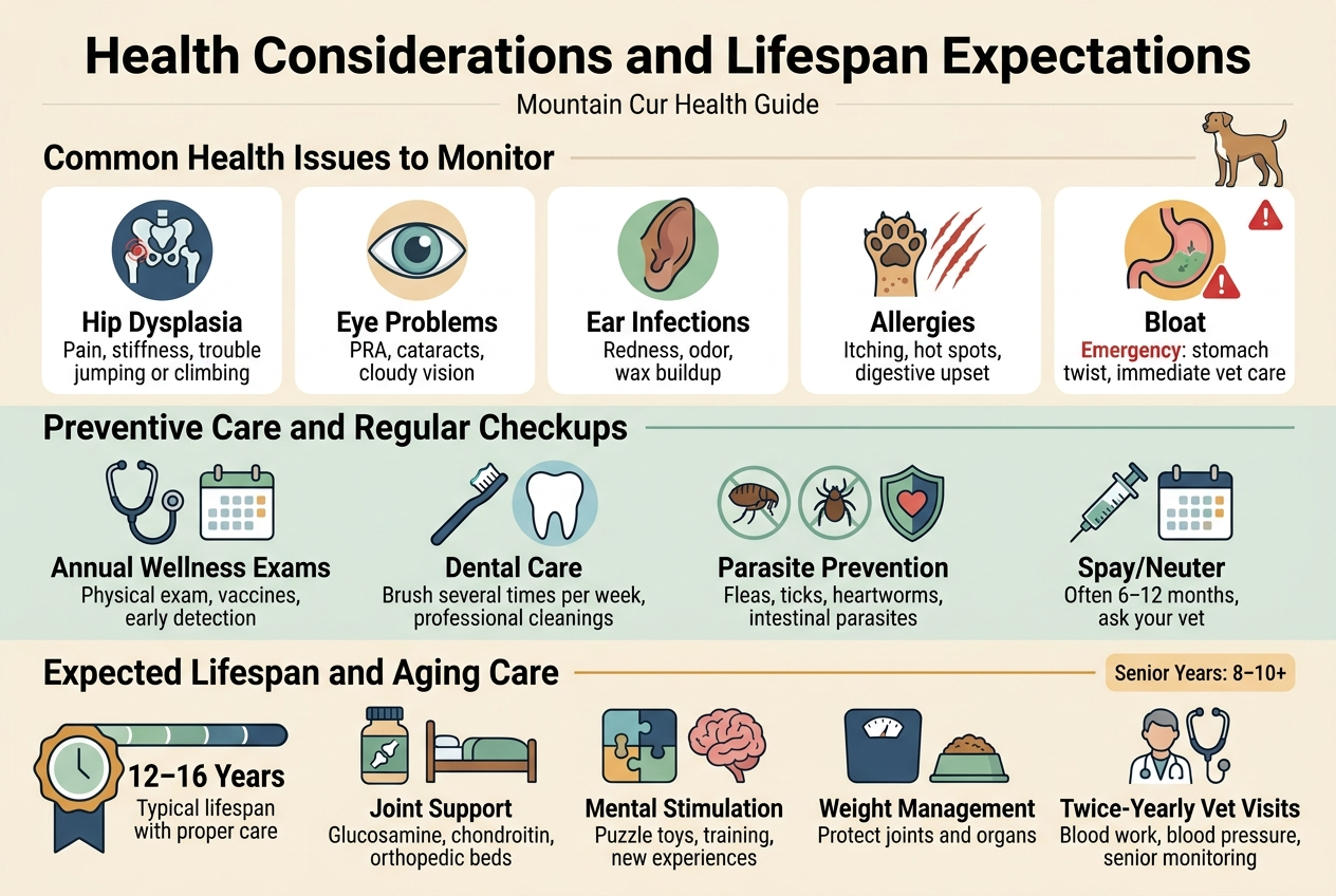 Create a clean, professional full-bleed infographic illustration in a 3:2 aspect ratio with a wide horizontal layout and no poster frame. Use a light cream background with teal, navy, soft green, and warm amber accents. Use modern sans-serif fonts with a bold title at the top and clear section headers.TOP HEADER:
Large bold title centered across the top: "Health Considerations and Lifespan Expectations"
Small subtitle beneath in smaller text: "Mountain Cur Health Guide"MAIN LAYOUT:
Use three wide horizontal sections stacked vertically, each divided into 2-4 illustrated blocks with icons, short labels, and brief support text.SECTION 1 &mdash; COMMON HEALTH ISSUES TO MONITOR
Place this section in the upper-middle area with the header on the left: "Common Health Issues to Monitor"
Arrange five icon cards in a row or two-row grid with simple medical illustrations:
1. A hip joint icon with label: "Hip Dysplasia"
Small text: "Pain, stiffness, trouble jumping or climbing"
2. An eye icon with label: "Eye Problems"
Small text: "PRA, cataracts, cloudy vision"
3. A floppy ear icon with label: "Ear Infections"
Small text: "Redness, odor, wax buildup"
4. An allergy icon with a paw and scratch marks with label: "Allergies"
Small text: "Itching, hot spots, digestive upset"
5. A stomach warning icon with label: "Bloat"
Small text: "Emergency: stomach twist, immediate vet care"
Use small red alert symbols on the most serious items.SECTION 2 &mdash; PREVENTIVE CARE AND REGULAR CHECKUPS
Place this section across the middle-lower area with the header: "Preventive Care and Regular Checkups"
Use four evenly spaced blocks with icons:
1. A stethoscope and calendar icon with label: "Annual Wellness Exams"
Small text: "Physical exam, vaccines, early detection"
2. A toothbrush and tooth icon with label: "Dental Care"
Small text: "Brush several times per week, professional cleanings"
3. A flea, tick, and heartworm shield icon with label: "Parasite Prevention"
Small text: "Fleas, ticks, heartworms, intestinal parasites"
4. A syringe and calendar icon with label: "Spay/Neuter"
Small text: "Often 6&ndash;12 months, ask your vet"
Add a thin horizontal divider line between this section and the one below.SECTION 3 &mdash; EXPECTED LIFESPAN AND AGING CARE
Place this section at the bottom with the header: "Expected Lifespan and Aging Care"
On the left, include a large lifespan badge or timeline graphic with the text:
"12&ndash;16 Years"
"Typical lifespan with proper care"
Next to it, show four aging-care blocks with icons:
1. A joint supplement bottle and orthopedic bed icon with label: "Joint Support"
Small text: "Glucosamine, chondroitin, orthopedic beds"
2. A puzzle toy and brain icon with label: "Mental Stimulation"
Small text: "Puzzle toys, training, new experiences"
3. A scale and food bowl icon with label: "Weight Management"
Small text: "Protect joints and organs"
4. A senior checkup icon with label: "Twice-Yearly Vet Visits"
Small text: "Blood work, blood pressure, senior monitoring"
Add a small side note in a highlighted box on the right:
"Senior Years: 8&ndash;10+"VISUAL STYLE:
Use crisp flat vector illustrations, simple medical and pet icons, subtle shadows, rounded rectangles, organized spacing, and strong visual hierarchy. Make the title the largest text, section headers medium-bold, and supporting text smaller. Include a small friendly Mountain Cur dog silhouette or illustration near the title or bottom corner. Keep the composition balanced, readable, and infographic-like, with no extra text beyond the quoted labels and descriptions above.