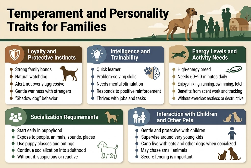 Create a clean, professional full-bleed infographic illustration in a 3:2 landscape aspect ratio about a dog breed&rsquo;s temperament and personality traits. Use a modern flat-vector style with warm earthy colors, deep forest green, slate blue, tan, and cream. Use bold sans-serif typography for the title and clear readable sans-serif body text. Organize the content in wide horizontal sections and card-style blocks across the page, not a vertical poster.Top header spanning the full width:
Large bold title text: "Temperament and Personality Traits for Families"
Add a subtle background illustration of a Mountain Cur dog standing protectively with family silhouettes in a rural homestead setting.Below the header, divide the infographic into 5 wide sections with numbered labels and matching icons:1. Left upper section with a shield icon and dog silhouette:
Heading text: "Loyalty and Protective Instincts"
Short bullet points:
"Strong family bonds"
"Natural watchdog"
"Alert, not overly aggressive"
"Gentle wariness with strangers"
"&ldquo;Shadow dog&rdquo; behavior"2. Upper center section with a lightbulb and paw/brain icon:
Heading text: "Intelligence and Trainability"
Short bullet points:
"Quick learner"
"Problem-solving skills"
"Needs mental stimulation"
"Responds to positive reinforcement"
"Thrives with jobs and tasks"3. Upper right section with a running dog icon and frisbee:
Heading text: "Energy Levels and Activity Needs"
Short bullet points:
"High-energy breed"
"Needs 60&ndash;90 minutes daily"
"Enjoys hiking, running, swimming, fetch"
"Benefits from scent work and tracking"
"Without exercise: restless or destructive"4. Bottom left section with a social group icon and puppy outline:
Heading text: "Socialization Requirements"
Short bullet points:
"Start early in puppyhood"
"Expose to people, animals, sounds, places"
"Use puppy classes and outings"
"Continue socialization into adulthood"
"Without it: suspicious or reactive"5. Bottom right section with a family icon, child silhouette, cat and dog icons:
Heading text: "Interaction with Children and Other Pets"
Short bullet points:
"Gentle and protective with children"
"Supervise around very young kids"
"Can live with cats and other dogs when socialized"
"May chase small animals"
"Secure fencing is important"Add small visual connectors and icon markers for each bullet point. Use crisp white card backgrounds with colored section headers, subtle shadows, and clean spacing. Make the layout balanced across the wide canvas with strong visual hierarchy and ample breathing room. Include only the text shown above.