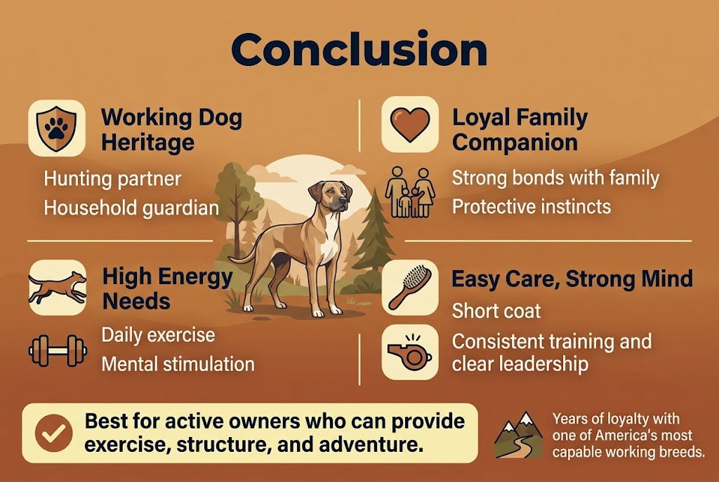 Create a clean, professional infographic illustration in a 3:2 aspect ratio with a full-bleed background in warm earthy tones, using a modern sans-serif font with bold navy headings and white body text. Place a large bold title at the top center: "Conclusion".Use a wide horizontal layout with four clearly separated content blocks across the middle and lower areas, each with a simple icon and short text. Include a subtle illustrated Mountain Cur dog as the main visual element near the center-left, standing alert in a natural outdoor setting with trees and hills, short coat, sturdy medium build, and a loyal expression.Block 1 at upper left: a shield and paw icon, heading "Working Dog Heritage", text: "Hunting partner" and "Household guardian".
Block 2 at upper center-right: a heart and family icon, heading "Loyal Family Companion", text: "Strong bonds with family" and "Protective instincts".
Block 3 at lower left: a running dog and dumbbell icon, heading "High Energy Needs", text: "Daily exercise" and "Mental stimulation".
Block 4 at lower center-right: a brush and training whistle icon, heading "Easy Care, Strong Mind", text: "Short coat" and "Consistent training and clear leadership".Along the bottom, add a wide highlighted banner with a checkmark icon and bold text: "Best for active owners who can provide exercise, structure, and adventure." Add a final small callout on the bottom right with a mountain and trail icon: "Years of loyalty with one of America's most capable working breeds."Use clean dividers, balanced spacing, and visually strong hierarchy. Keep the layout wide and airy, with no vertical poster framing, no inset margins, and no clutter. Include crisp flat-vector styling with subtle shading and high contrast for readability.